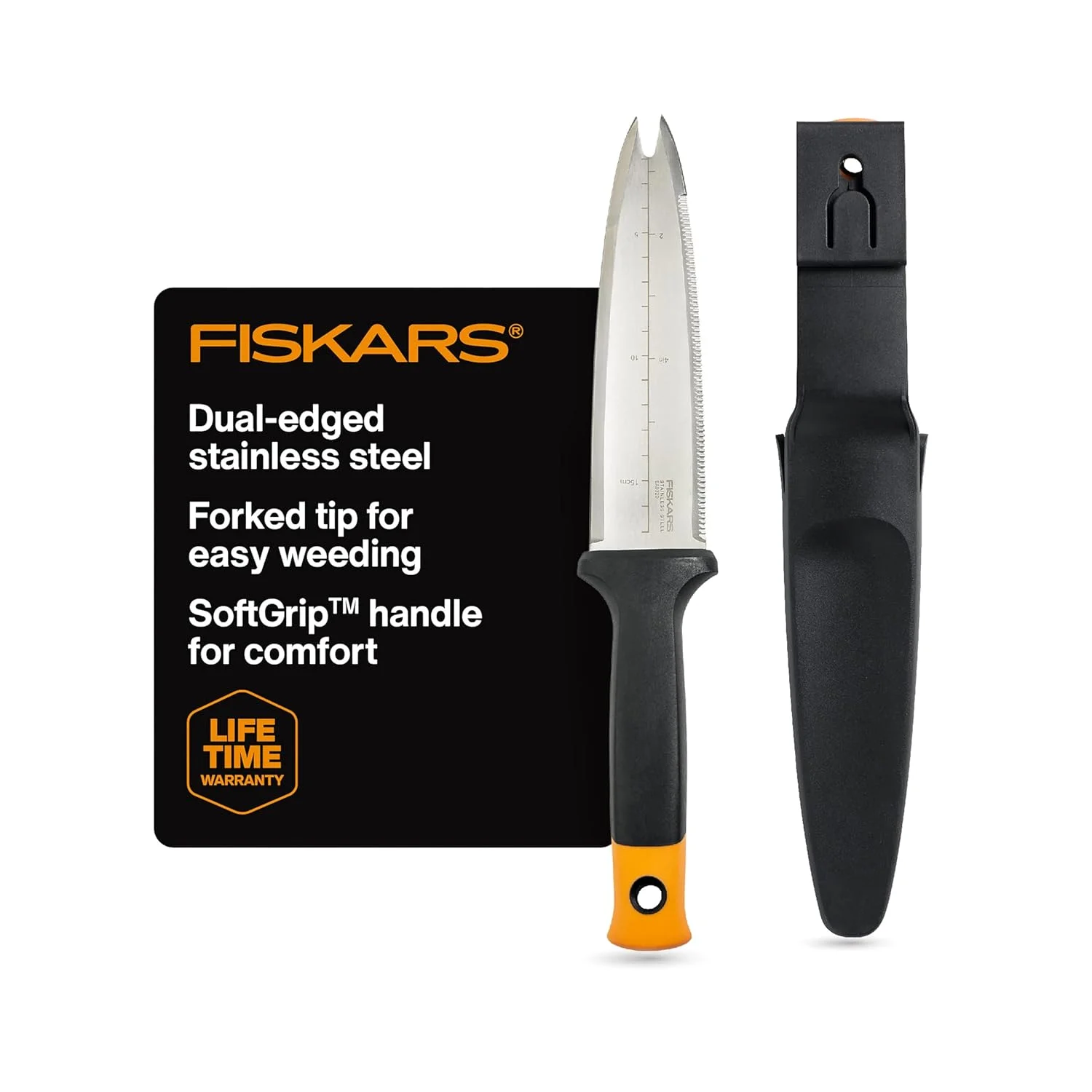 ابزار باغبانی چندکاره Fiskars Hori Hori - ابزار دستی باغبانی سنگین با سوراخ آویز - ابزار چمن و حیاط - مشکی/نارنجی
