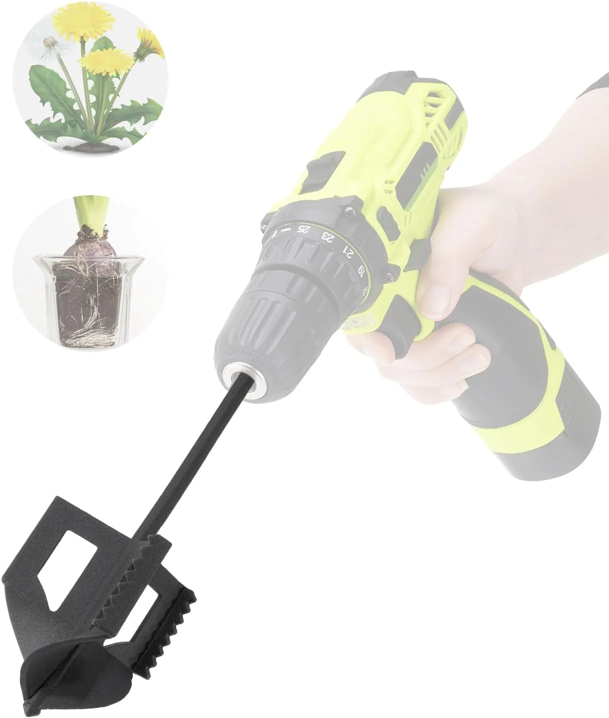 تیلر خاک 4 در 1 Racewill - از بین برنده علف های هرز - بیل زن خاک و شل کننده خاک برای باغچه و جعبه گیاه، مته کاشت پیاز برای دریل با درایو شش گوش 3/8 اینچی