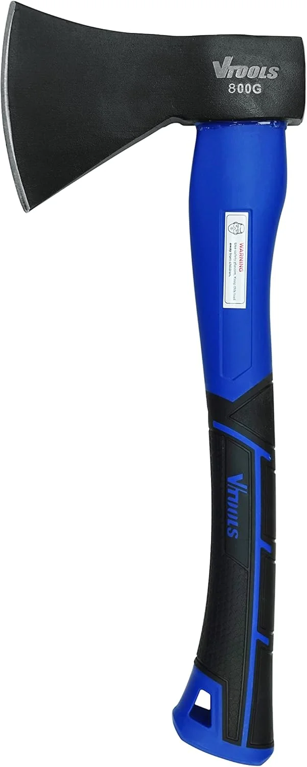 تبر و چکش VTOOLS سایز 15 اینچ با تیغه فولاد کربنی و دسته فایبرگلاس، تبرچه برای خرد کردن چوب و هیزم، ضد ضربه، مشکی/آبی، 800 گرم، VT2197