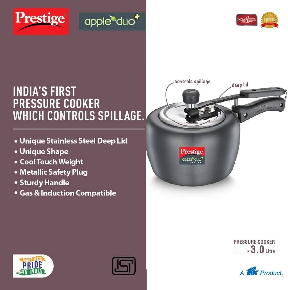 زودپز 3 لیتری آلومینیومی سخت آنادایز شده اپل Duo Plus Svachh پرستیژ | درب عمیق برای کنترل ریزش | دوشاخه ایمنی فلزی | سازگار با گاز و القایی | دارای گواهینامه ISI