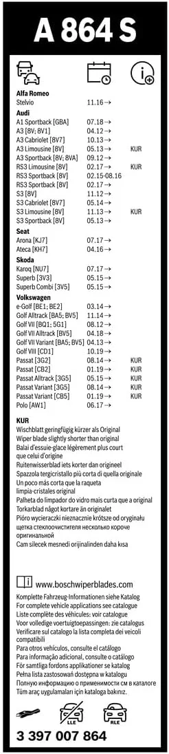 تیغه برف پاک کن بوش آیروتوین A864S، طول 650 میلی متر / 450 میلی متر - مجموعه تیغه های برف پاک کن شیشه جلو