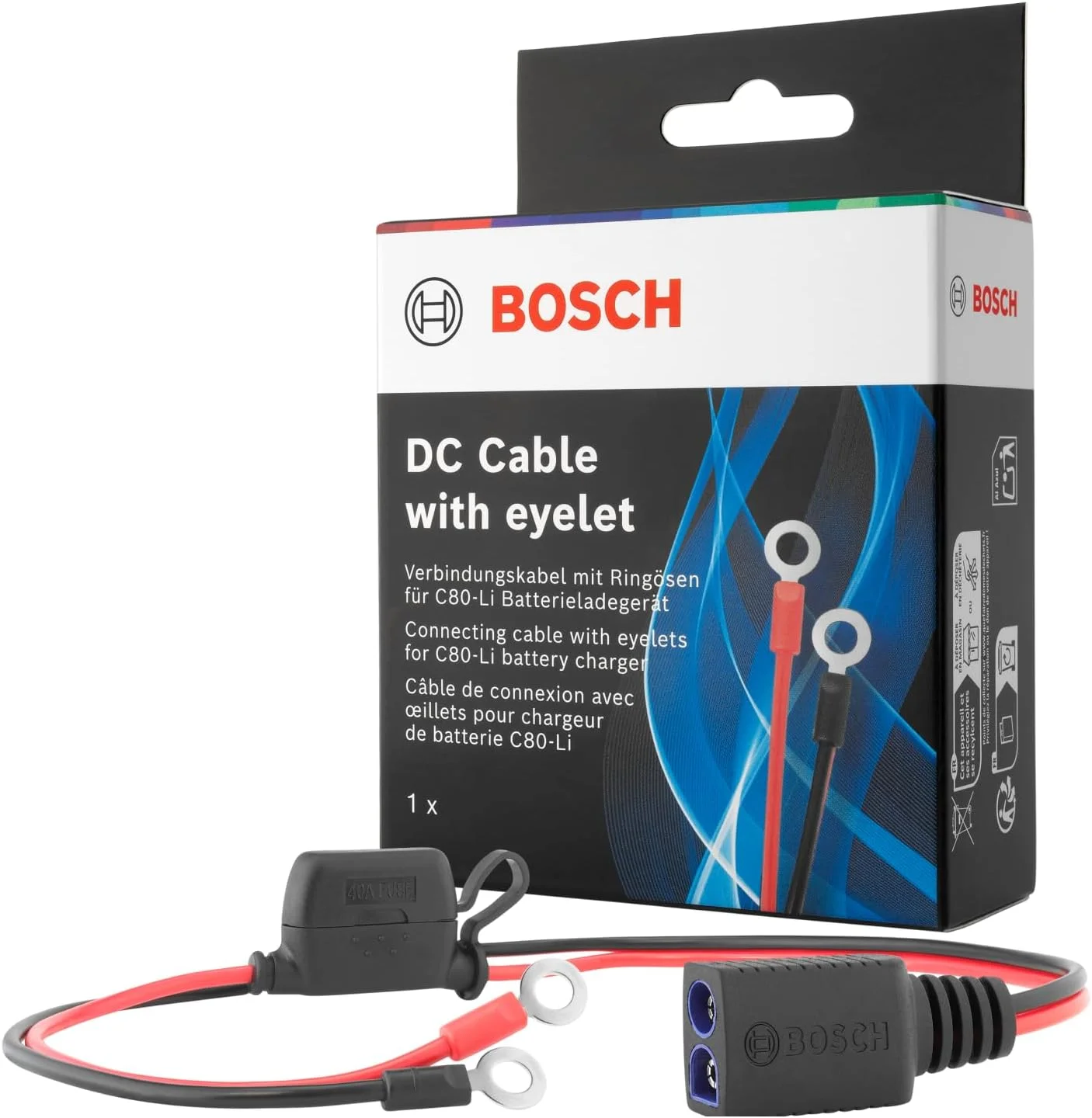 کابل اتصال شارژر باتری خودرو بوش - کابل باتری با حلقه‌های چشمی و فیوز 40 آمپر - قطعه جایگزین با کیفیت اصلی - حلقه‌های چشمی M6، کابل 52 سانتی‌متری - 0189999280