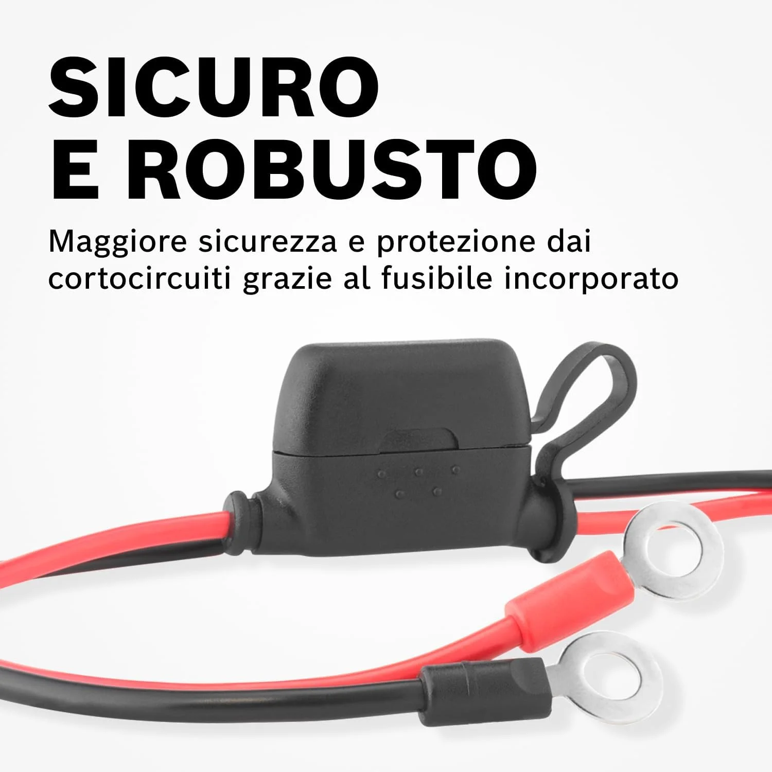 کابل اتصال شارژر باتری خودرو بوش - کابل باتری با حلقه‌های چشمی و فیوز 40 آمپر - قطعه جایگزین با کیفیت اصلی - حلقه‌های چشمی M6، کابل 52 سانتی‌متری - 0189999280