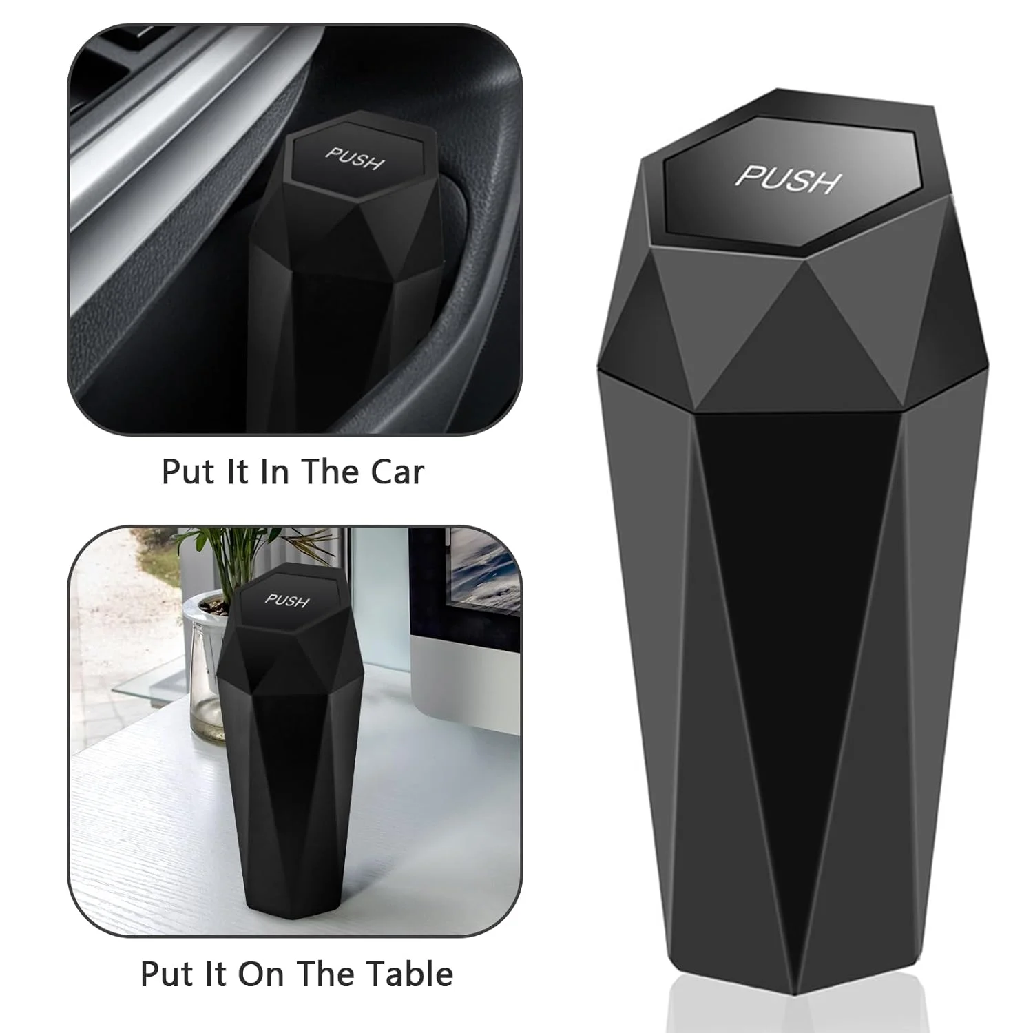 سطل زباله کوچک خودرو نایوبو با درب، ضد نشت، سازمان دهنده لوازم جانبی خودرو، طراحی الماسی، سطل زباله کوچک برای خودرو، دفتر، خانه، آشپزخانه، 2 عدد (مشکی)