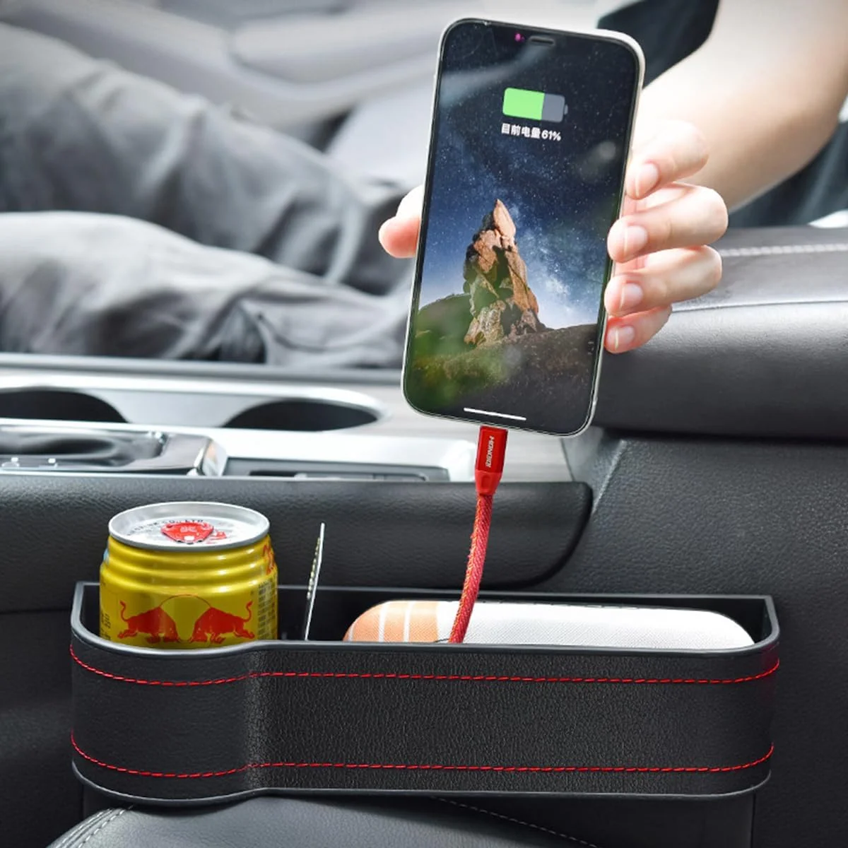 بسته 2 عددی جعبه نگهداری و سازمان دهنده فضای خالی صندلی خودرو، جا لیوانی، جیب های جانبی کنسول خودرو، چرم PU، مناسب برای تلفن همراه، کلید، کارت، عینک آفتابی و لوازم کوچک، لوازم جانبی داخلی خودرو