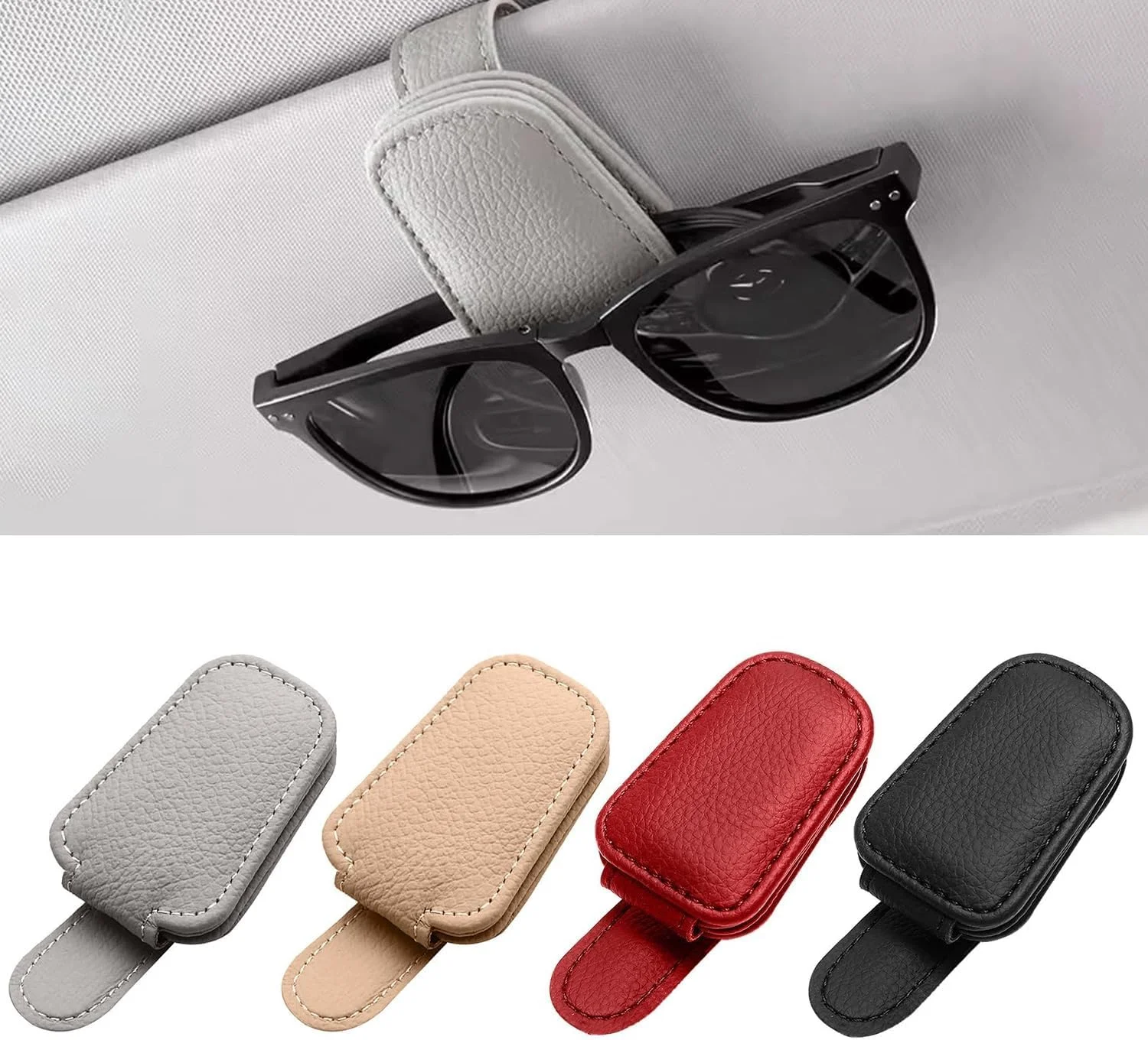 گیره عینک آفتابی T Tersely برای آفتابگیر خودرو، گیره نگهدارنده عینک چرمی آهنربایی جهانی، گیره آویز عینک، گیره کارت بلیط لوازم جانبی خودرو (خاکستری)