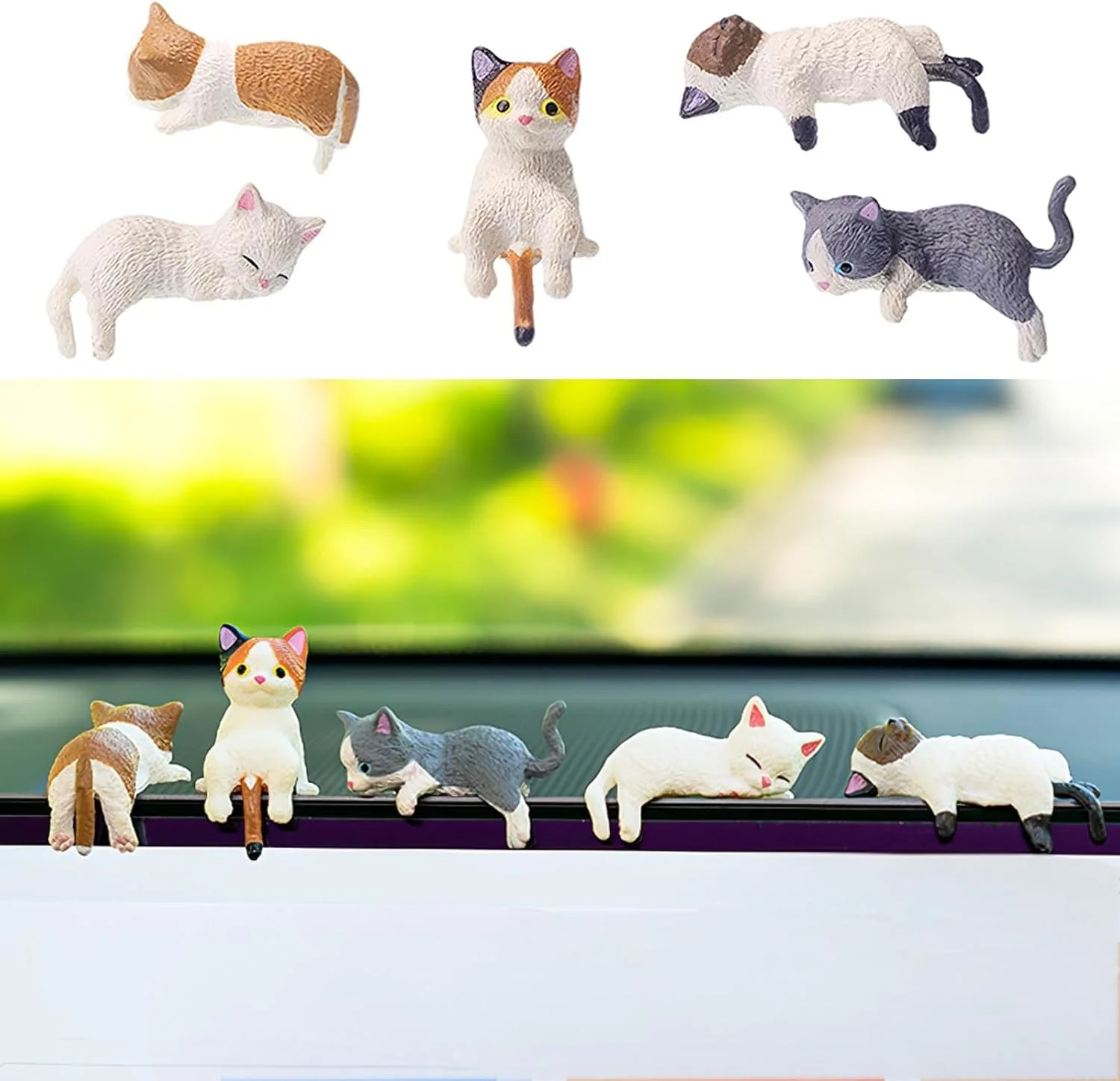 ست 5 عددی مینی گربه، لوازم جانبی زیبای خودرو، گربه رزینی برای تزئینات داشبورد، تزئینات میز، دکوری های داخلی خودرو آینه دید عقب هدیه (سفید)