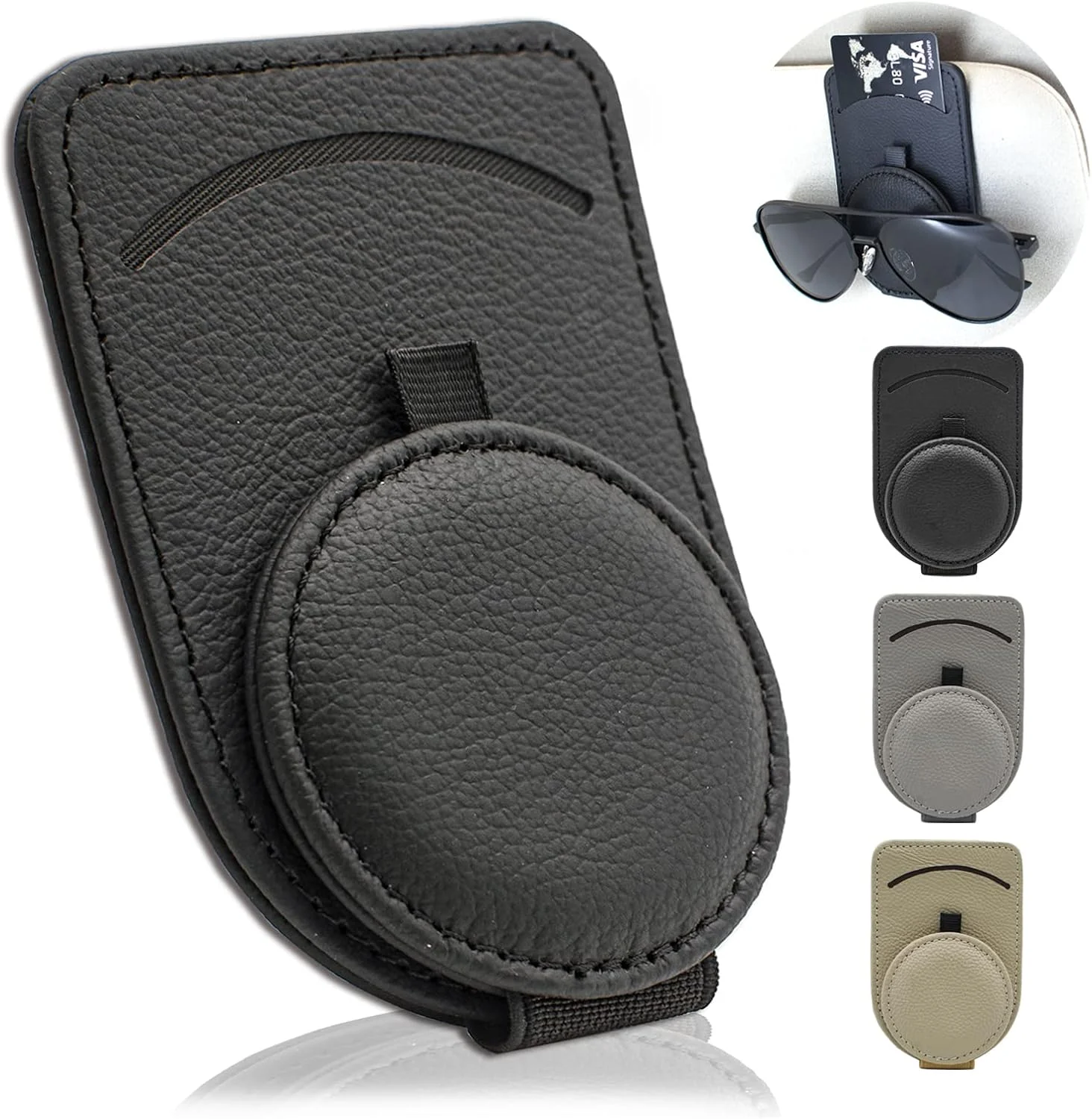 گیره عینک آفتابی Sufilux برای آفتابگیر خودرو، نگهدارنده عینک آفتابی مغناطیسی برای لوازم جانبی خودرو، نگهدارنده عینک آفتابی چرمی خودرو، گیره عینک آفتابی برای کارت و عینک (1 عدد، مشکی)