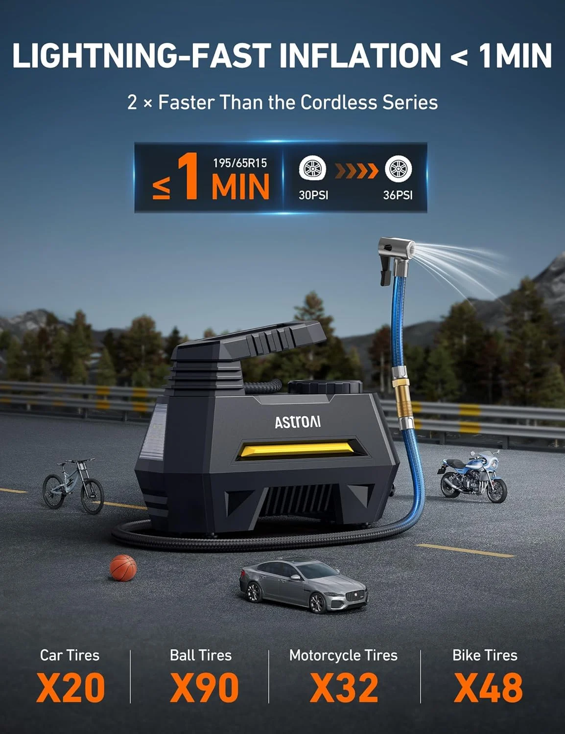 پمپ باد تایر خودرو AstroAI، کمپرسور هوا قابل حمل 12 ولت با فشارسنج تایر، پمپ باد اتوماتیک با آداپتورهای والف و چراغ LED، لوازم جانبی خودرو، زرد