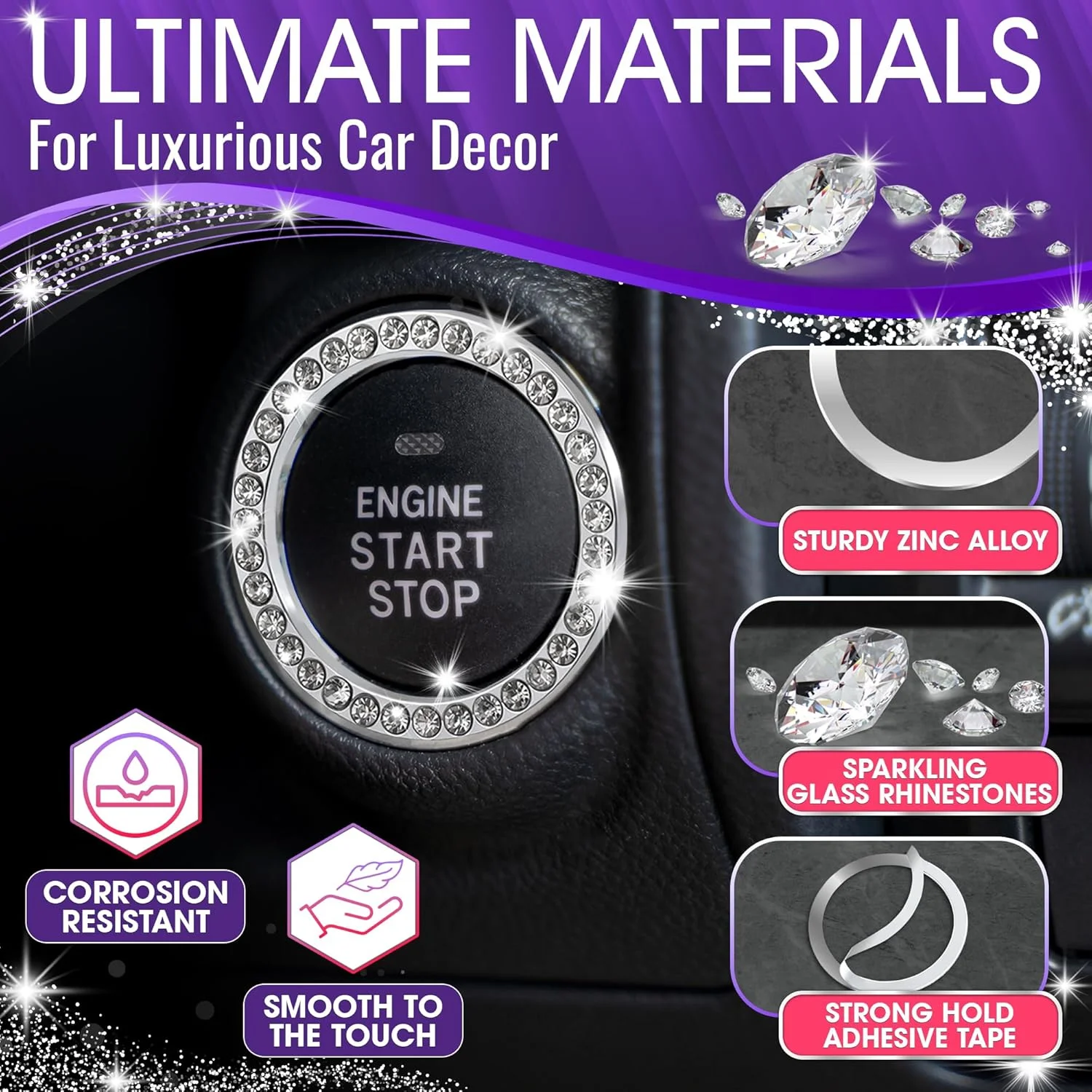 حلقه تزیینی نگین دار برای دکوراسیون خودرو، لوازم جانبی تزیینی خودرو برای خانم ها، دکمه استارت، استارتر احتراق کلید و حلقه دستگیره، لوازم جانبی دکوراسیون داخلی خودرو (نقره ای)