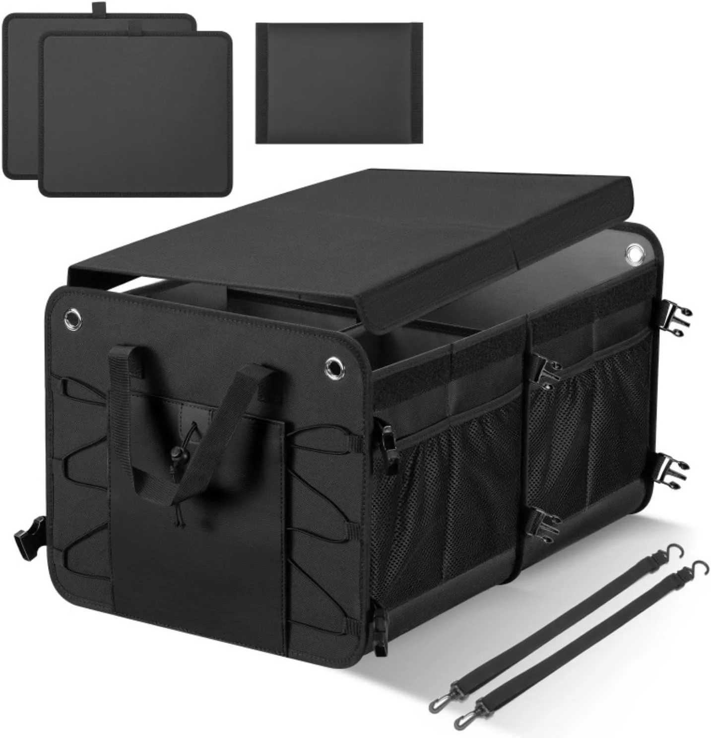 سامان دهنده صندوق عقب خودرو 90 لیتری، کیف نظم دهنده صندوق عقب خودرو، پوشش تاشو، کف ضد لغزش و ضد آب، بندهای قابل تنظیم، کیف نگهداری چند محفظه ای تاشو برای لوازم جانبی خودرو (مشکی)