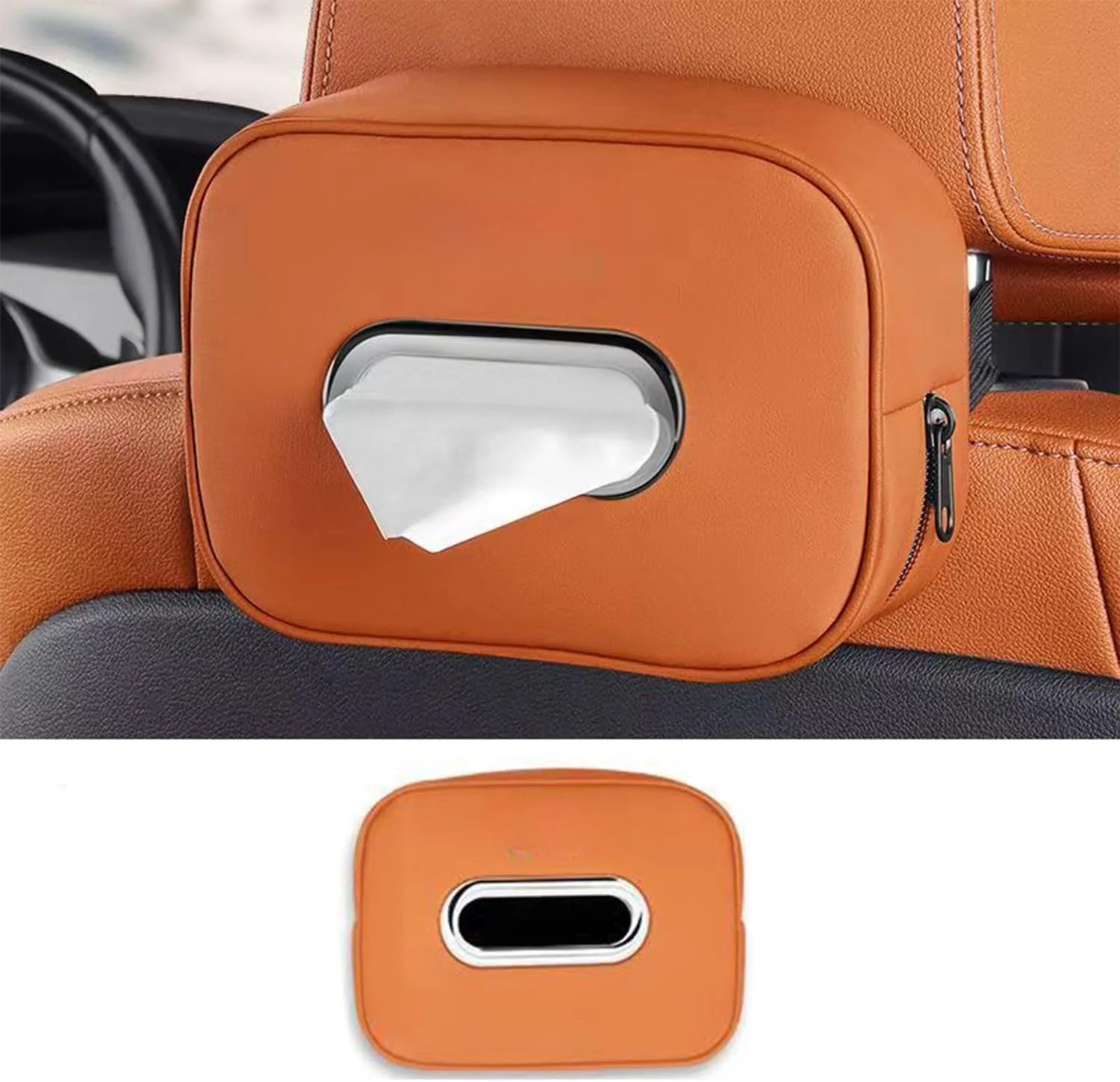 جا دستمال کاغذی خودرو با بند قابل تنظیم مناسب برای لوازم جانبی ROX 01 مدل 2024 و 2025، دهانه آبکاری شده، جعبه نگهداری دستمال کاغذی چرمی ممتاز (نارنجی)