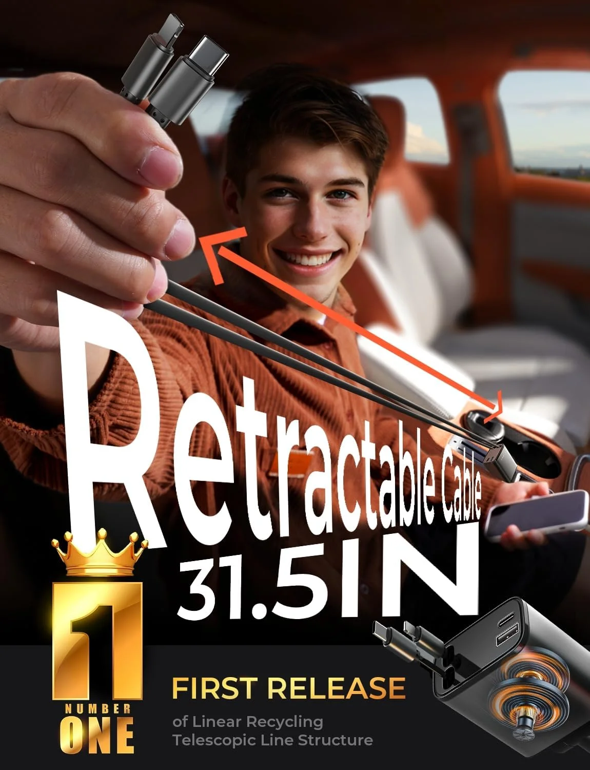 شارژر فندکی خودرو LISEN مدل 4 در 1 با کابل جمع شونده [69W]، آداپتور شارژ سریع USB C برای خودرو با کابل جمع شونده، نظم دهنده خودرو برای آیفون 15 پرو مکس پلاس