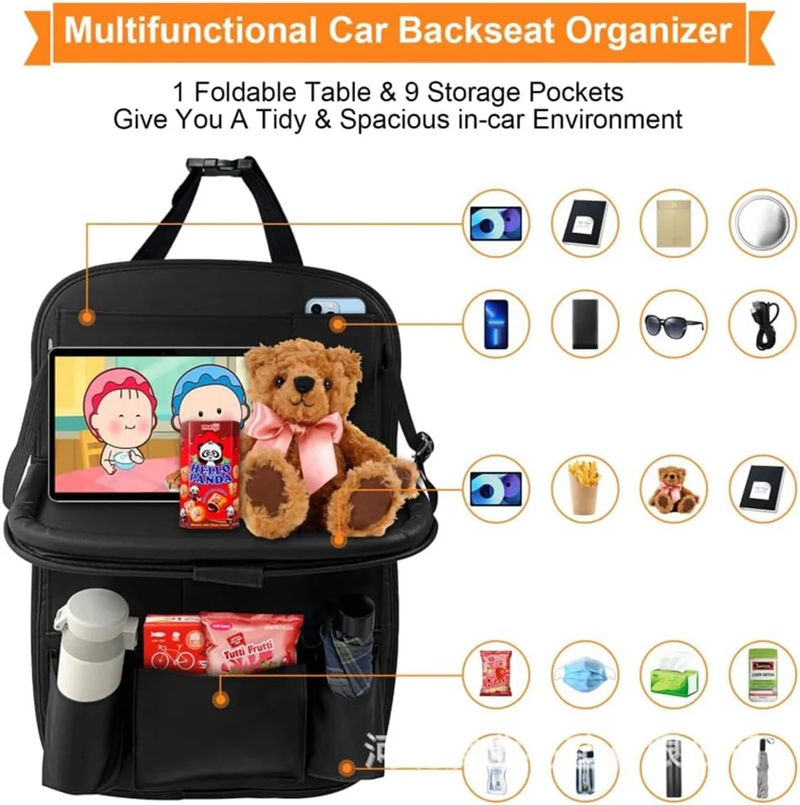 محافظ پشت صندلی خودرو با نگهدارنده تبلت، پایه آویز تبلت لمسی برای کودکان، سازمان دهنده و محل نگهداری وسایل صندلی، جا لیوانی، جا دستمال کاغذی، محافظ ضد لگد و لوازم جانبی خودرو