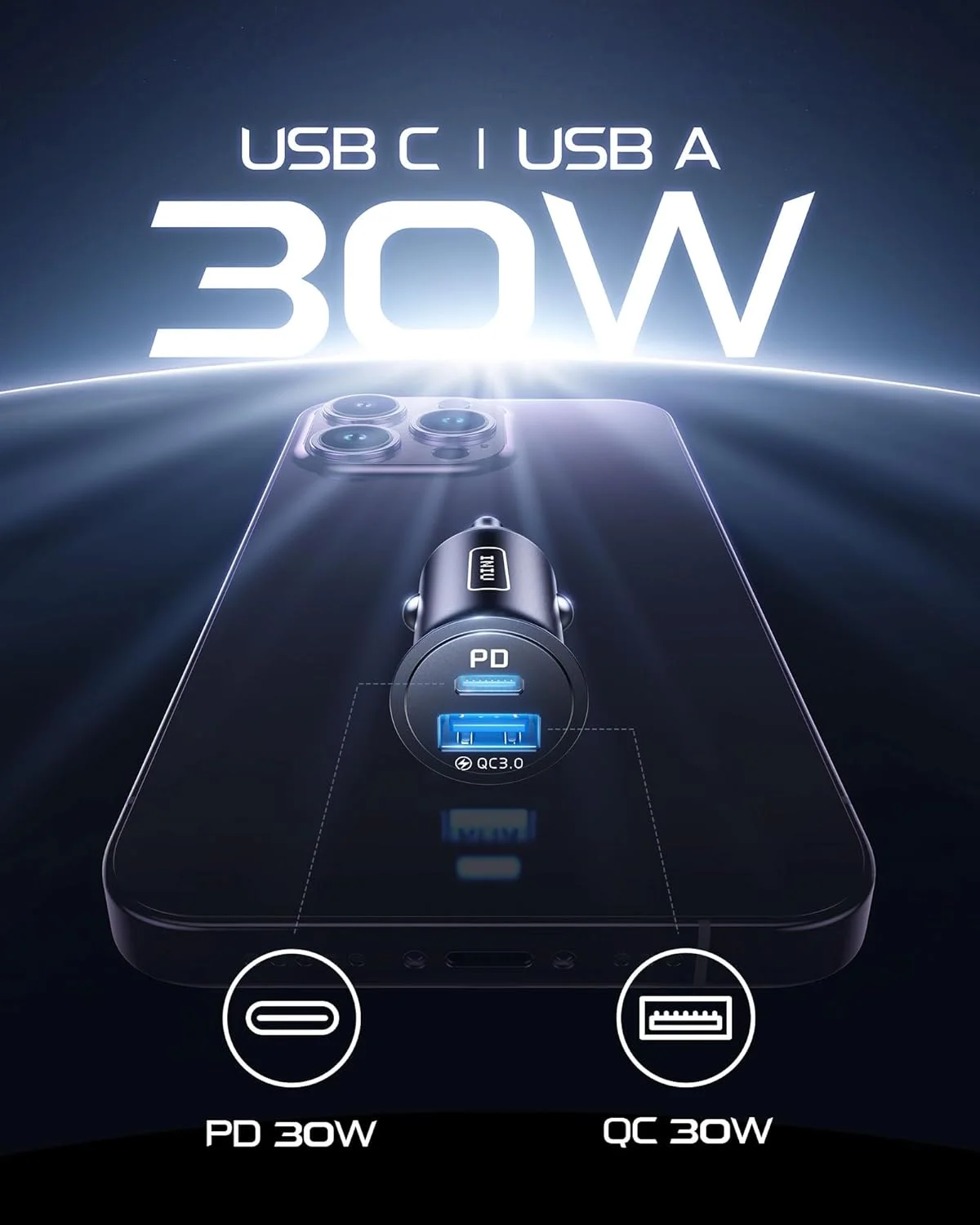 شارژر فندکی USB C اینیو، [USB C 30W + USB A 30W] PD 3.0 5A شارژ سریع، آداپتور فلزی کوچک دو پورت برای گوشی های آیفون، آیپد، سامسونگ، مک بوک و ایرپاد