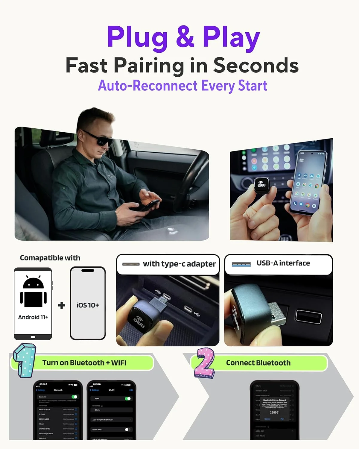 آداپتور بی‌سیم CarPlay و Android Auto اُی‌یو، تراشه SOC دو بانده WiFi، اتصال پایدار بلوتوث 5.0 بدون تاخیر، پشتیبانی از Apple CarPlay/Android Auto سیمی کارخانه‌ای، لوازم جانبی خودرو-J20