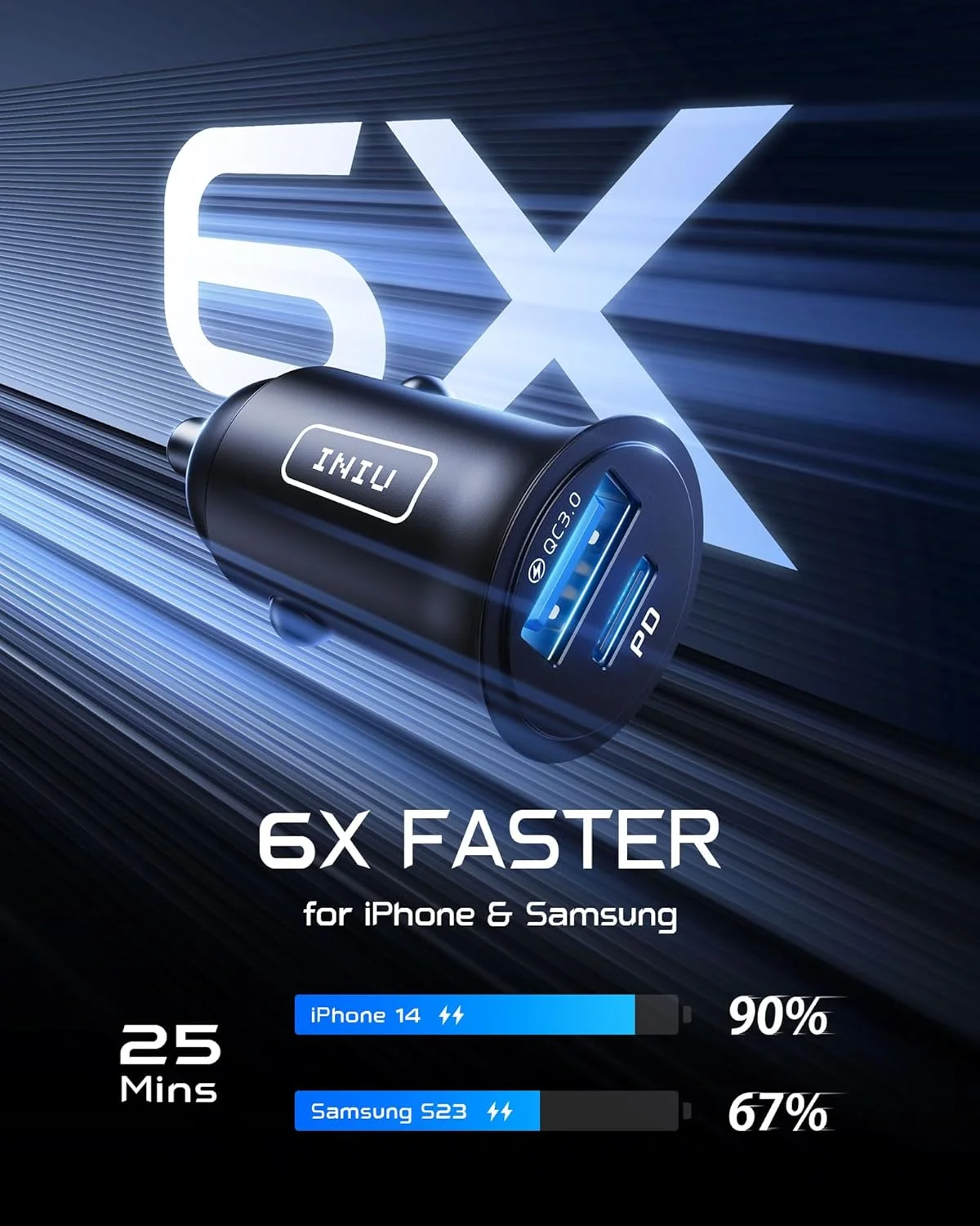 شارژر فندکی USB C اینیو، [USB C 30W + USB A 30W] PD 3.0 5A شارژ سریع، آداپتور فلزی کوچک دو پورت برای گوشی های آیفون، آیپد، سامسونگ، مک بوک و ایرپاد