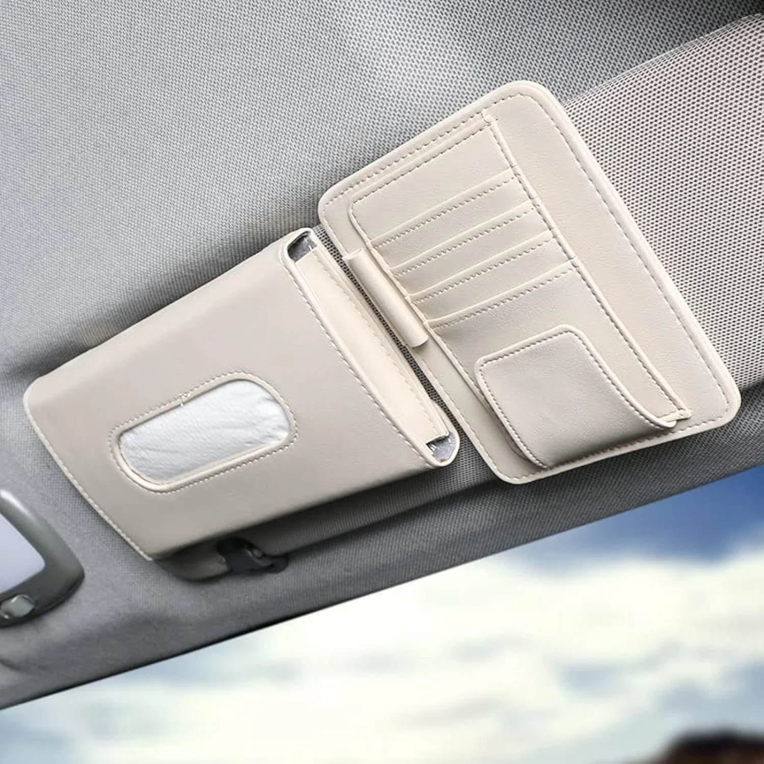 جا دستمال کاغذی خودرو Amerteer، نگهدارنده دستمال کاغذی آفتابگیر با نگهدارنده عینک آفتابی، پخش کننده، جا دستمال کاغذی آویز برای صندلی عقب و درب جانبی خودرو، روکش چند منظوره (بژ)