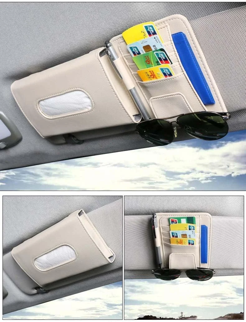 جا دستمال کاغذی خودرو Amerteer، نگهدارنده دستمال کاغذی آفتابگیر با نگهدارنده عینک آفتابی، پخش کننده، جا دستمال کاغذی آویز برای صندلی عقب و درب جانبی خودرو، روکش چند منظوره (بژ)