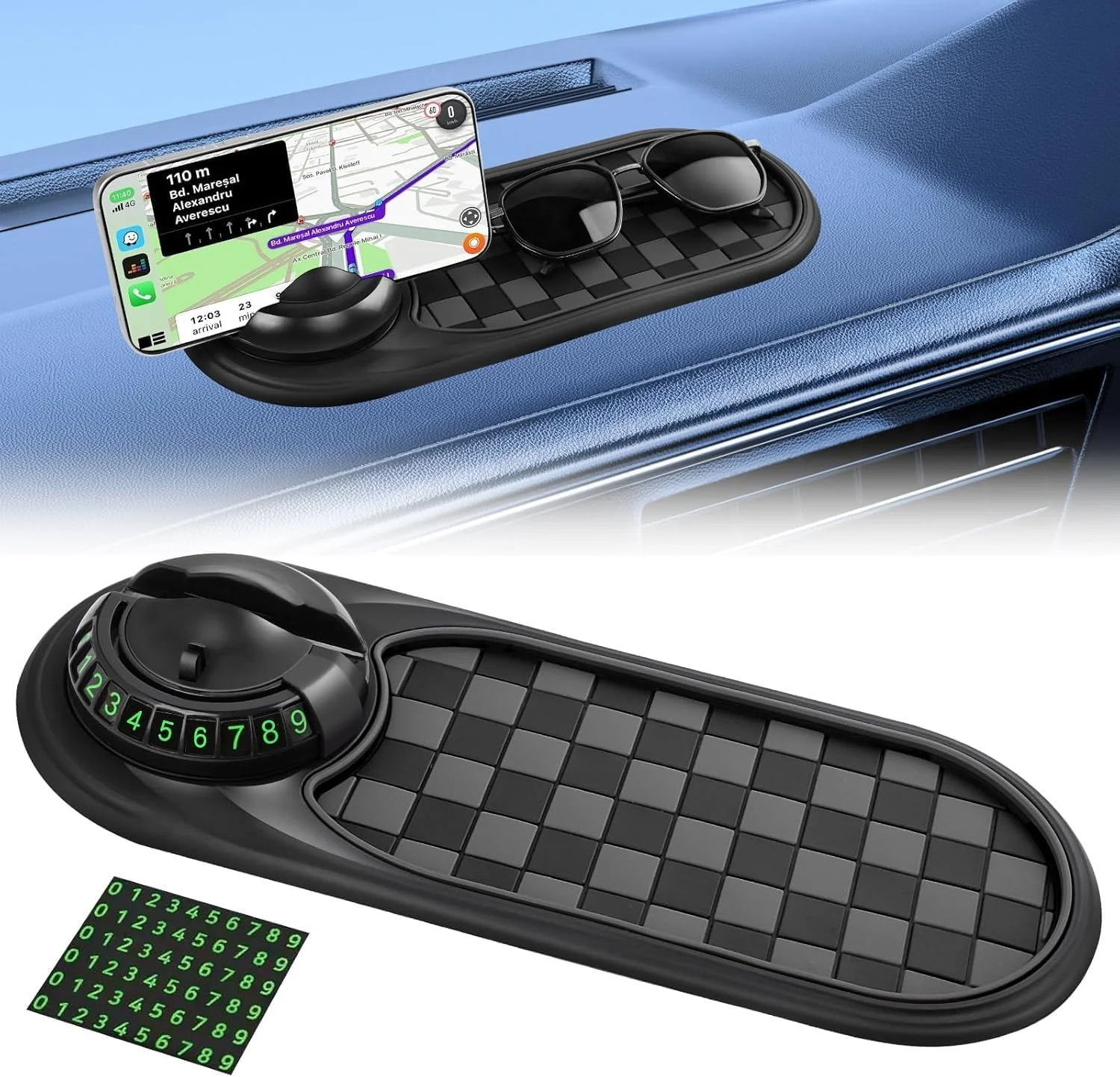 پد داشبورد ضد لغزش چرخشی خودرو با نمایش شماره پارکینگ، پایه نگهدارنده تلفن همراه، پد بزرگ برای عینک آفتابی، کلید، GPS، نگهدارنده چند منظوره خودرو (خاکستری مشکی)