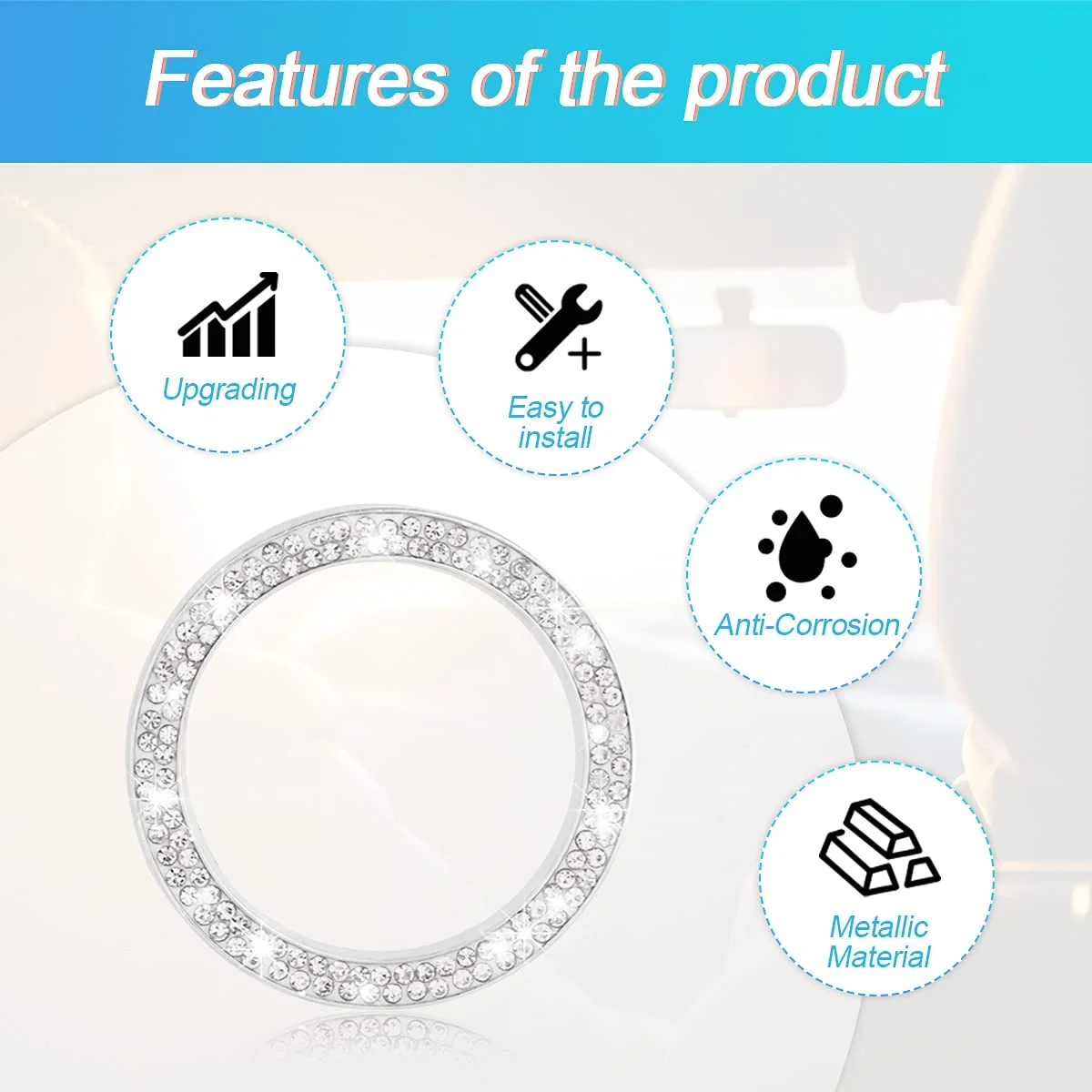 برچسب حلقه استارت موتور نگین دار کریستالی، روکش/برچسب دکمه استارت فشاری، حلقه نگین دار دکمه احتراق، لوازم جانبی داخلی خودروی درخشان برای بانوان (نقره ای) - بسته 2 عددی