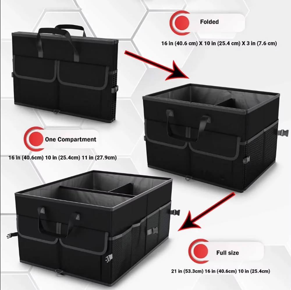 نظم دهنده صندوق عقب خودرو CLOUDFOUR، نظم دهنده تاشو صندوق عقب خودرو، مرتب کننده خودرو، نظم دهنده صندوق عقب چند محفظه ای برای ابزار، جعبه ذخیره سازی خودرو با بند و روکش، ذخیره سازی خودرو با ظرفیت زیاد و مقاوم