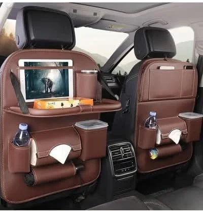ارگانایزر صندلی عقب خودرو با نگهدارنده تبلت، استند آویز تبلت لمسی برای کودکان و خردسالان و فضای ذخیره سازی، نگهدارنده فنجان، چتر و دستمال کاغذی، محافظ زیرپایی، لوازم جانبی خودرو، بسته 1 عددی (قهوه ای)