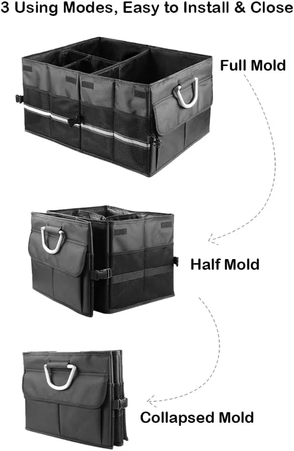 جعبه نظم دهنده صندوق عقب خودرو، جعبه نگهداری بار خودرو، محفظه صندوق عقب با درب تاشو، جیب های قابل تنظیم، چند محفظه تاشو، کف ضد لغزش، آکسفورد ضد آب - مشکی 58 سانتی متر