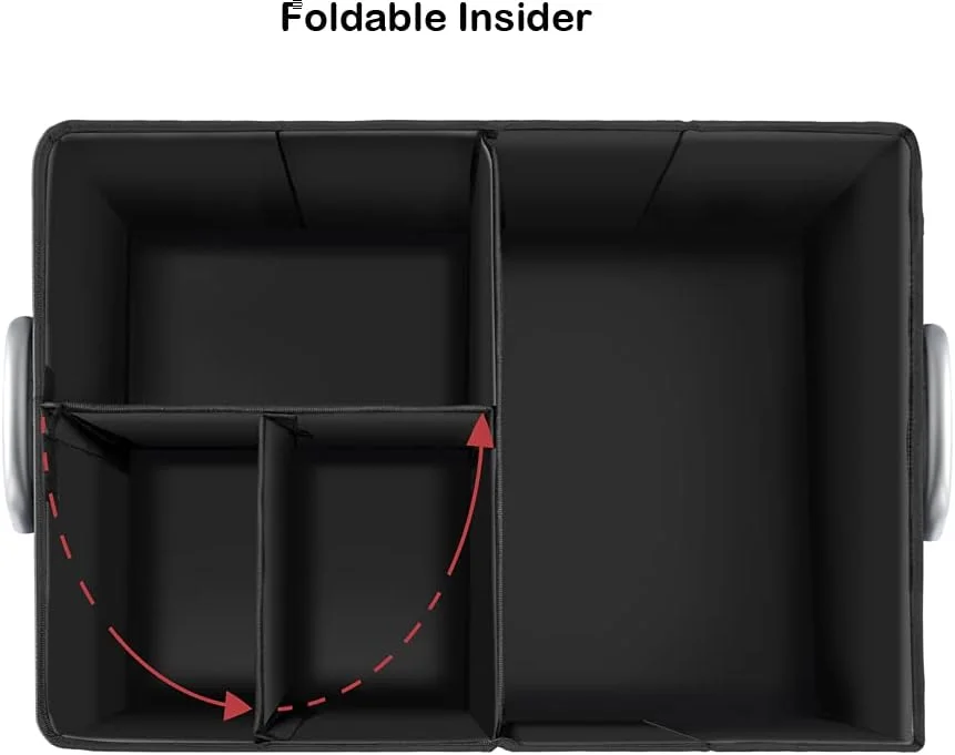 جعبه نظم دهنده صندوق عقب خودرو، جعبه نگهداری بار خودرو، محفظه صندوق عقب با درب تاشو، جیب های قابل تنظیم، چند محفظه تاشو، کف ضد لغزش، آکسفورد ضد آب - مشکی 58 سانتی متر