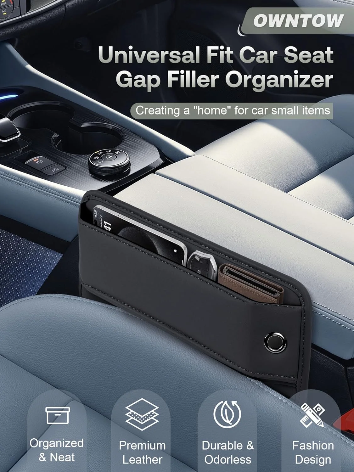 پرکننده شکاف صندلی خودرو با اندازه جهانی، سازمان دهنده شکاف صندلی خودرو چرمی ممتاز، لوازم جانبی خودرو برای زنان و مردان، لوازم ضروری خودرو برای خودروهای شاسی بلند و کامیون (مشکی، 2 عددی)
