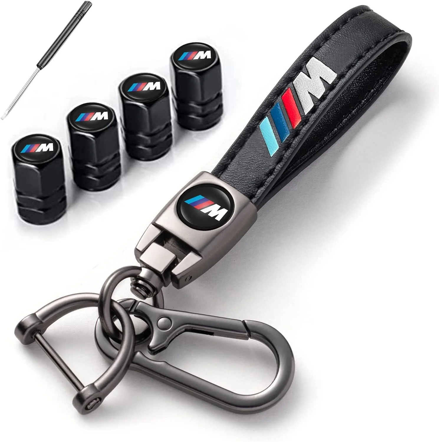 سرپوش والف تایر و جاکلیدی خودرو مناسب برای BMW M، M2، M4، M5، M6، M8، X1، X2، X3، X5، X6، M135i، M240i، Z4، 328i، X7، جاکلیدی چرمی و 4 عدد سرپوش والف تایر، جاکلیدی و سرپوش والف جایگزین