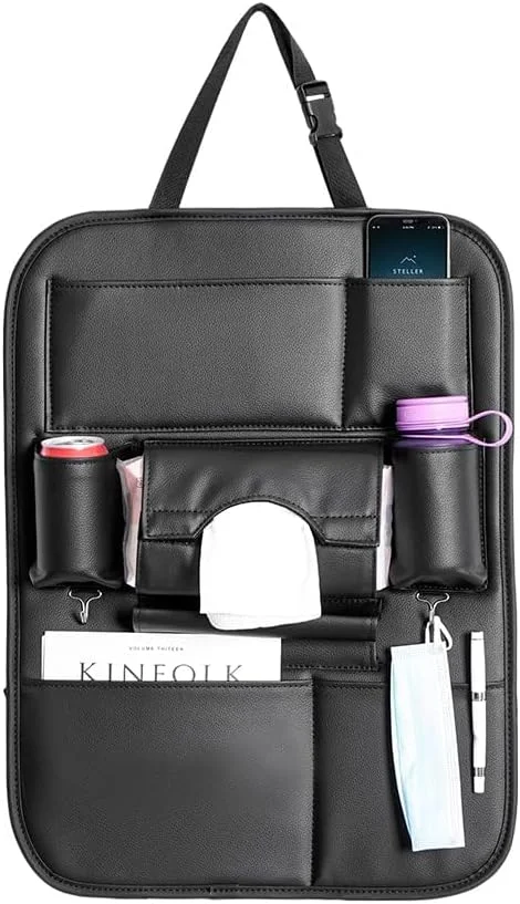 ارگانایزر پشتی صندلی خودرو چرمی PU درجه یک SIJAWEYI، بسته 2 عددی، لوازم جانبی مسافرتی، محافظ پشتی صندلی خودرو/محافظ پشتی صندلی و جای لیوان، روکش صندلی با کاربرد جهانی