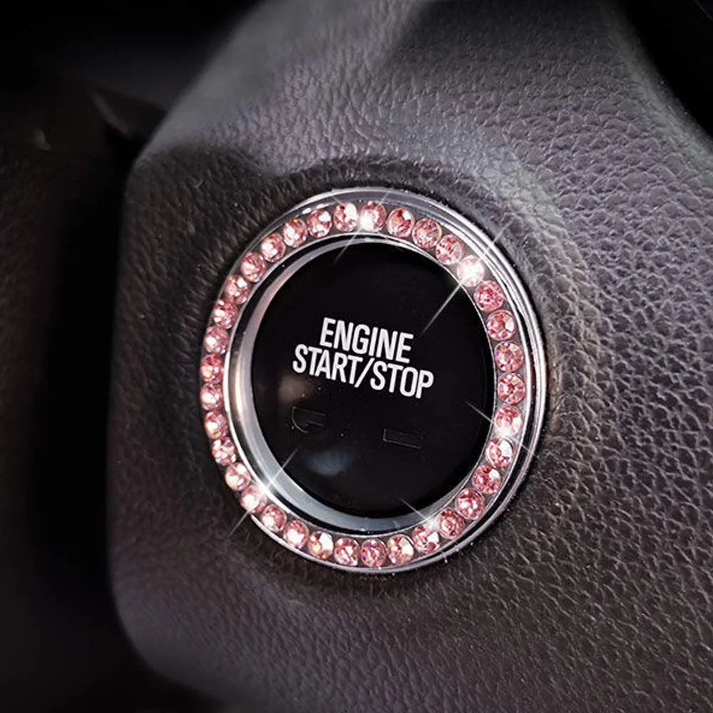حلقه تزئینی دکمه استارت/استاپ موتور خودرو با نگین های کریستالی، لوازم جانبی درخشان خودرو، حلقه درخشان دکمه فشاری استارت، احتراق کلید و دستگیره (صورتی)، 2 عدد