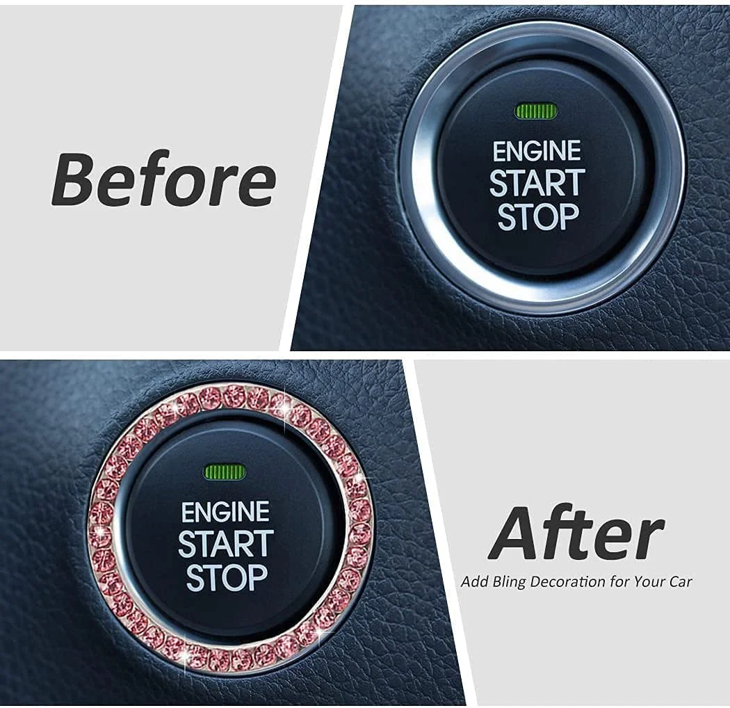 حلقه تزئینی دکمه استارت/استاپ موتور خودرو با نگین های کریستالی، لوازم جانبی درخشان خودرو، حلقه درخشان دکمه فشاری استارت، احتراق کلید و دستگیره (صورتی)، 2 عدد