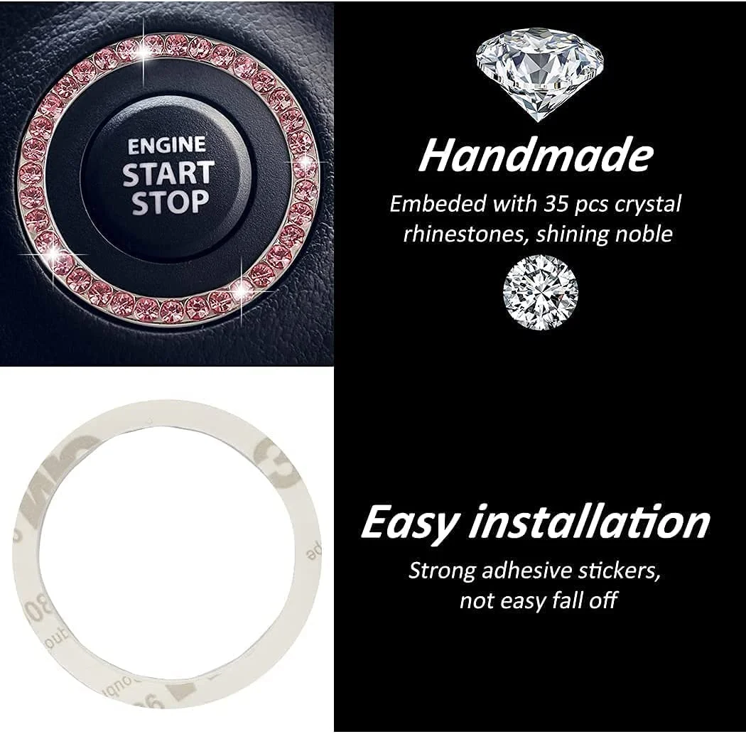حلقه تزئینی دکمه استارت/استاپ موتور خودرو با نگین های کریستالی، لوازم جانبی درخشان خودرو، حلقه درخشان دکمه فشاری استارت، احتراق کلید و دستگیره (صورتی)، 2 عدد