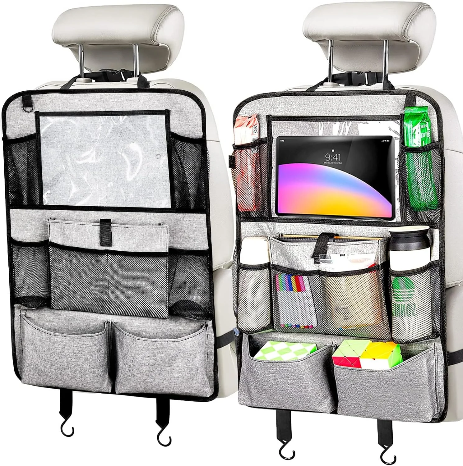 ارگانایزر صندلی خودرو TERRIFI، 2 عدد ارگانایزر پشتی صندلی خودرو برای کودکان، محافظ صندلی خودرو با 9 محفظه، لوازم جانبی خودرو برای سفر خانوادگی (خاکستری)