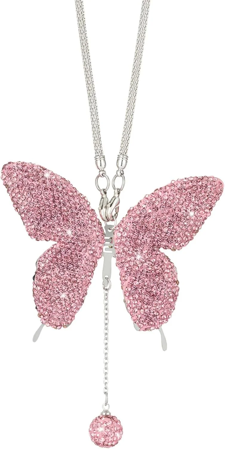 آویز تزئینی خودرو پروانه نگین دار، آویز آینه عقب خودرو کریستالی، لوازم تزئینی خودرو برای خانم ها، آویز تزیینی خوش شانس برای همه خودروها (صورتی)