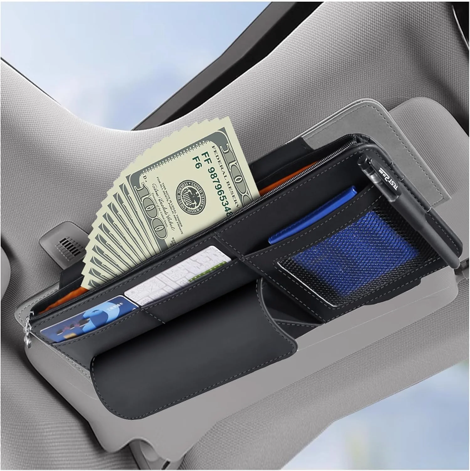 کیف مدارک خودرو چرمی Azonee با جای عینک آفتابی، جیب زیپ‌دار برای کارت، پول، بیمه و موارد دیگر - نگهدارنده مدارک خودرو و کیف مدارک آفتابگیر کامیون برای لوازم جانبی داخلی