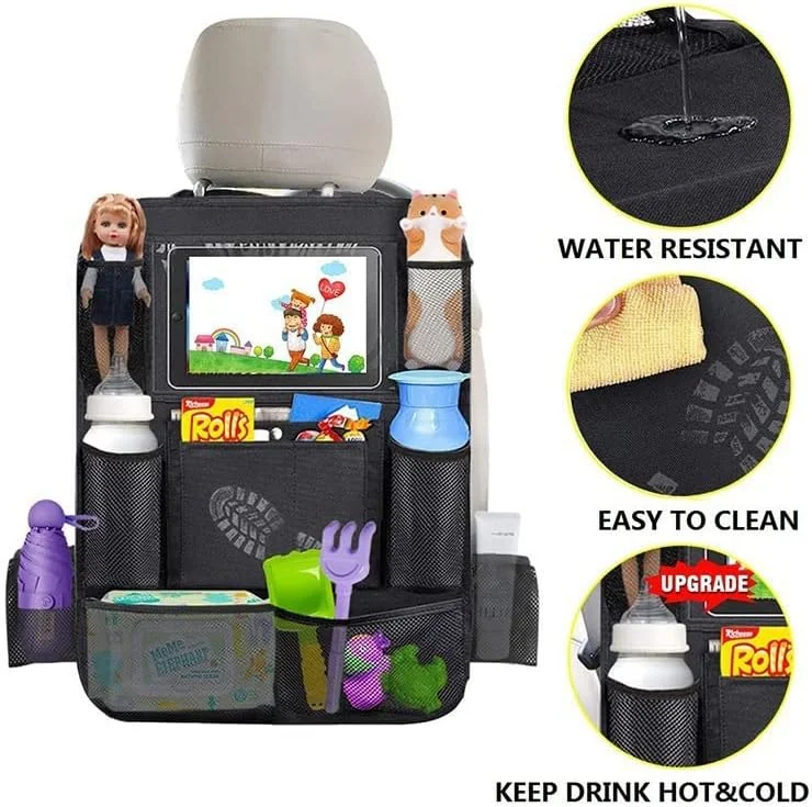 نظم دهنده صندلی عقب خودرو با نگهدارنده تبلت، محافظ پشتی صندلی چند جیبی برای کودکان خردسال، لوازم جانبی مسافرتی، جداکننده برای رانندگی ایمن کودکان و حیوانات خانگی، سازمان دهنده خودرو مشکی