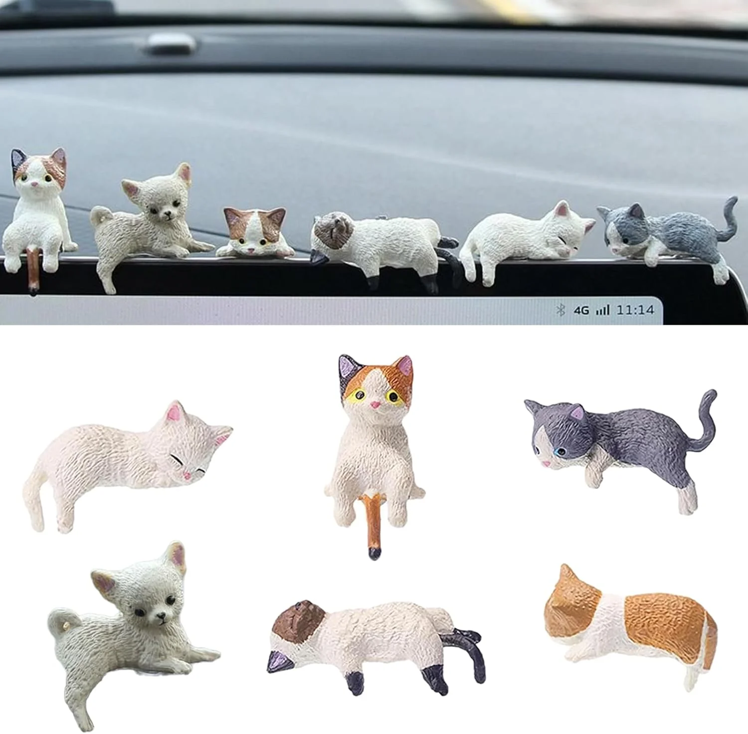تزئینات مینیاتوری گربه ای Tewiaii: 6 عدد گربه رزینی زیبا برای تزئین مانیتور کامپیوتر - برای تزئین داشبورد داخلی خودرو - تزئینات میز برای خانم ها