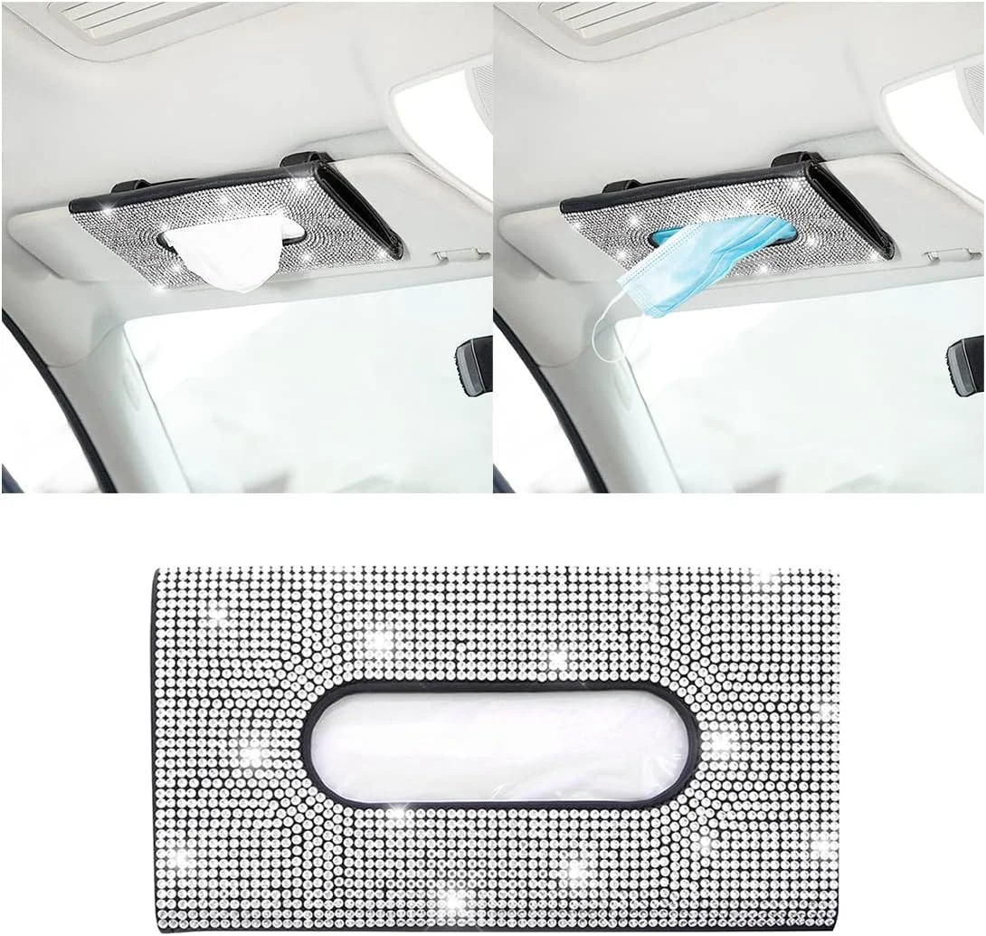 جا دستمال کاغذی آفتابگیر خودرو نگین دار، چرمی PU با سنگ های درخشان، جای دستمال کاغذی پشتی صندلی، لوازم جانبی خودرو برای بانوان (سفید)