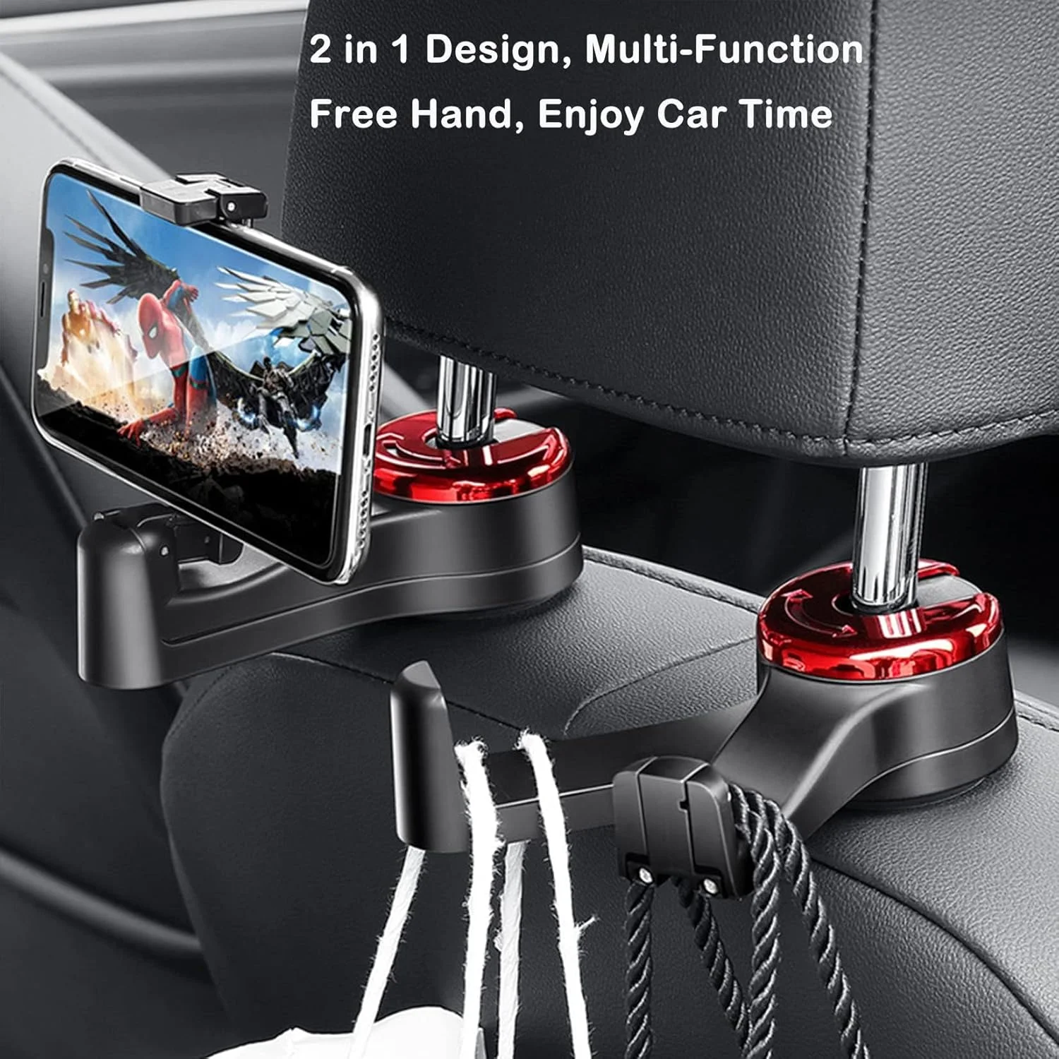آویز خودرو BIGTHREE مدل 2 در 1، آویز کیف خودرو با نگهدارنده تلفن همراه روی پشت سری، قلاب پشت سری خودرو با قابلیت چرخش 360 درجه، آویز لوازم جانبی خودرو برای کیف پول، آویز نگهداری صندلی خودرو برای کیسه خرید پارچه ای، کیف دستی، مشکی 2 عددی