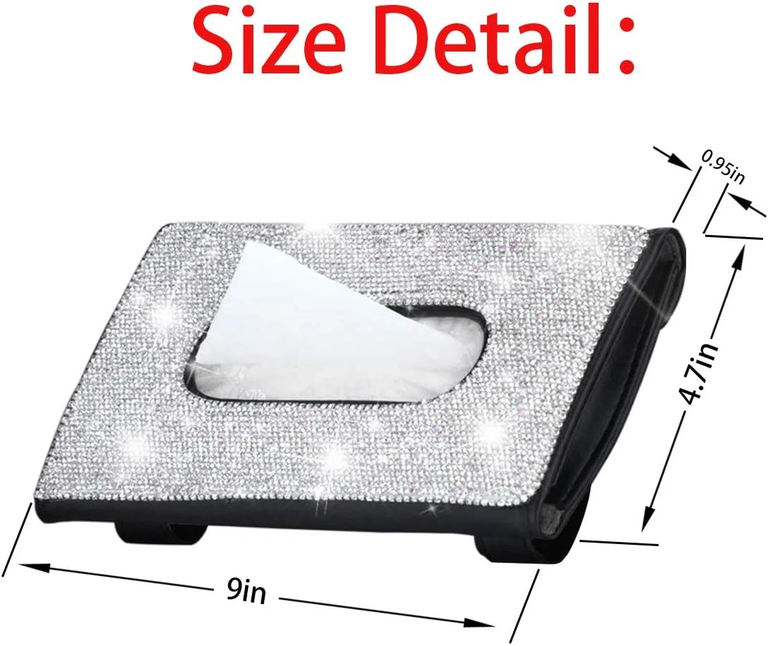 جا دستمال کاغذی آفتابگیر خودرو نگین دار، چرمی PU با سنگ های درخشان، جای دستمال کاغذی پشتی صندلی، لوازم جانبی خودرو برای بانوان (سفید)