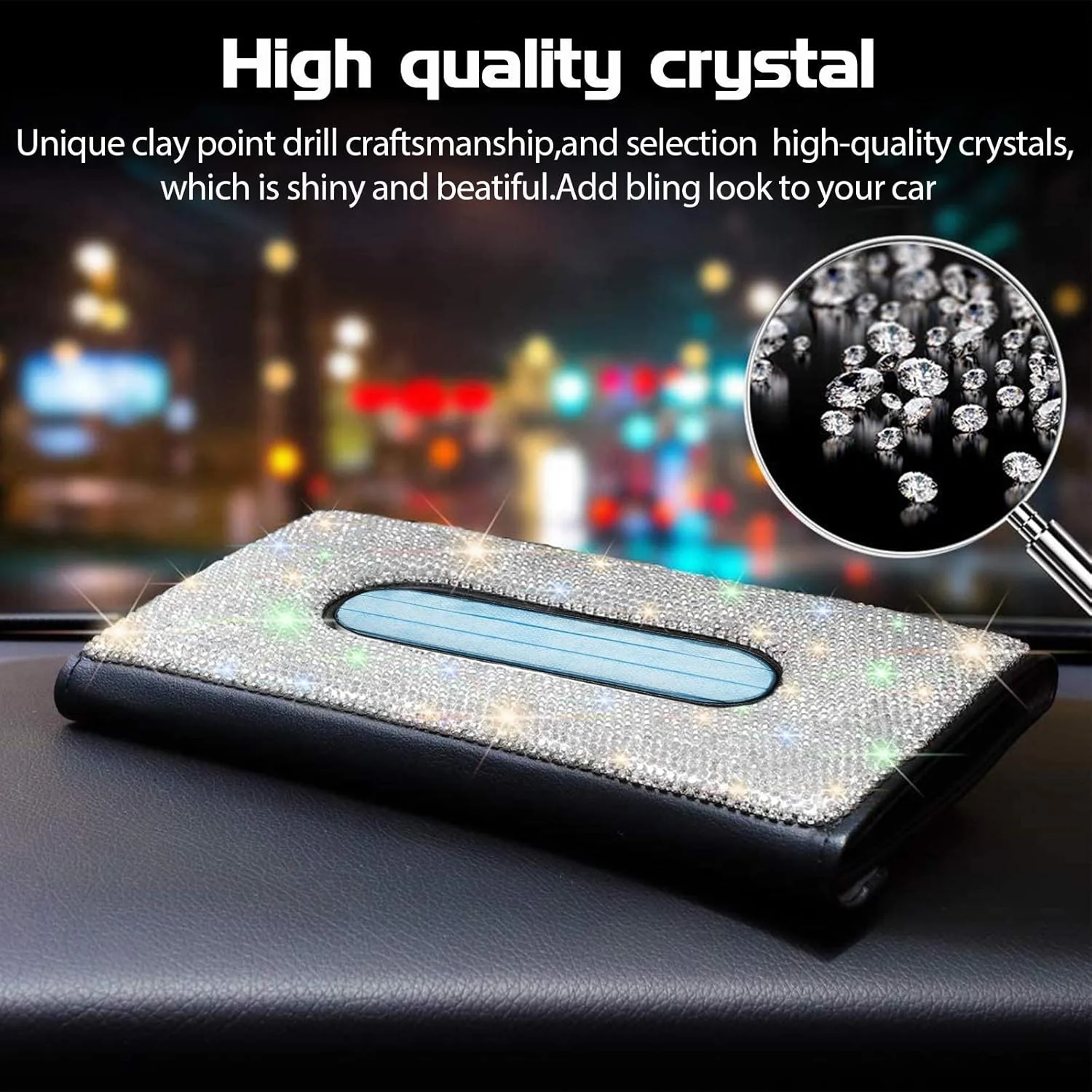 جا دستمال کاغذی آفتابگیر خودرو نگین دار، چرمی PU با سنگ های درخشان، جای دستمال کاغذی پشتی صندلی، لوازم جانبی خودرو برای بانوان (سفید)