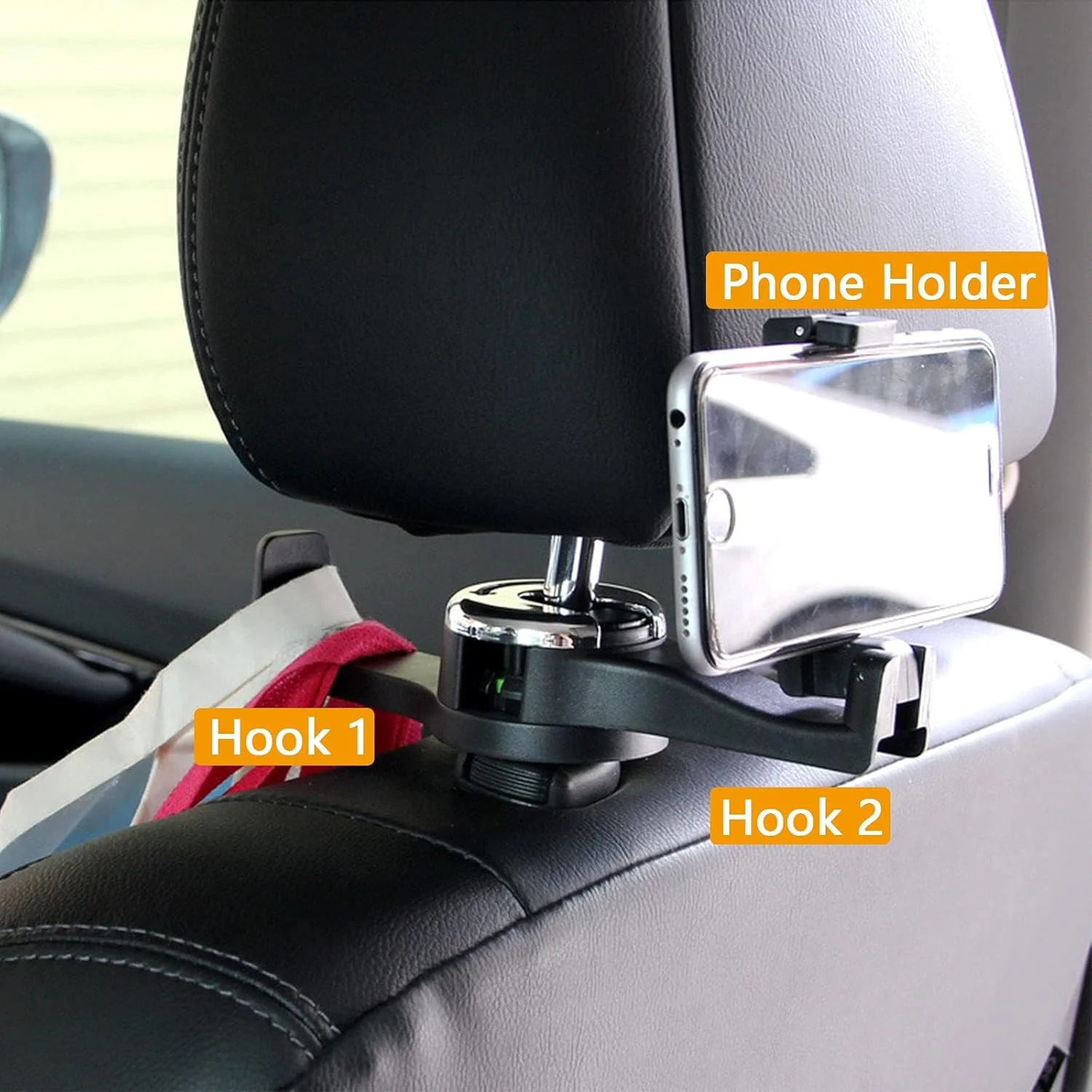 آویز خودرو BIGTHREE مدل 2 در 1، آویز کیف خودرو با نگهدارنده تلفن همراه روی پشت سری، قلاب پشت سری خودرو با قابلیت چرخش 360 درجه، آویز لوازم جانبی خودرو برای کیف پول، آویز نگهداری صندلی خودرو برای کیسه خرید پارچه ای، کیف دستی، مشکی 2 عددی
