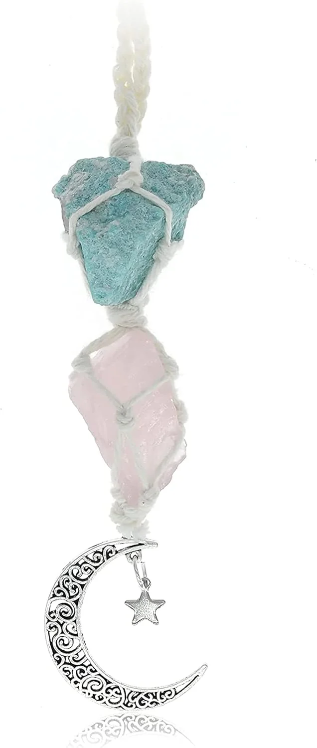 آویز تزیینی خودرو KASTWAVE - ماه کریستالی رز کوارتز برای آینه عقب، تقویت کننده عشق به خود، وضوح و انرژی مثبت