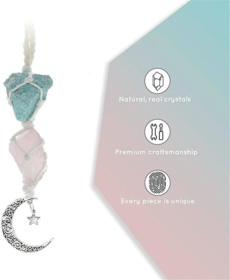 آویز تزیینی خودرو KASTWAVE - ماه کریستالی رز کوارتز برای آینه عقب، تقویت کننده عشق به خود، وضوح و انرژی مثبت