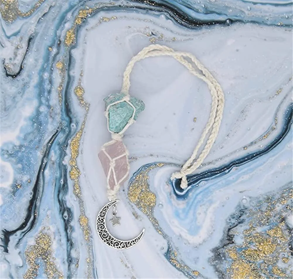 آویز تزیینی خودرو KASTWAVE - ماه کریستالی رز کوارتز برای آینه عقب، تقویت کننده عشق به خود، وضوح و انرژی مثبت