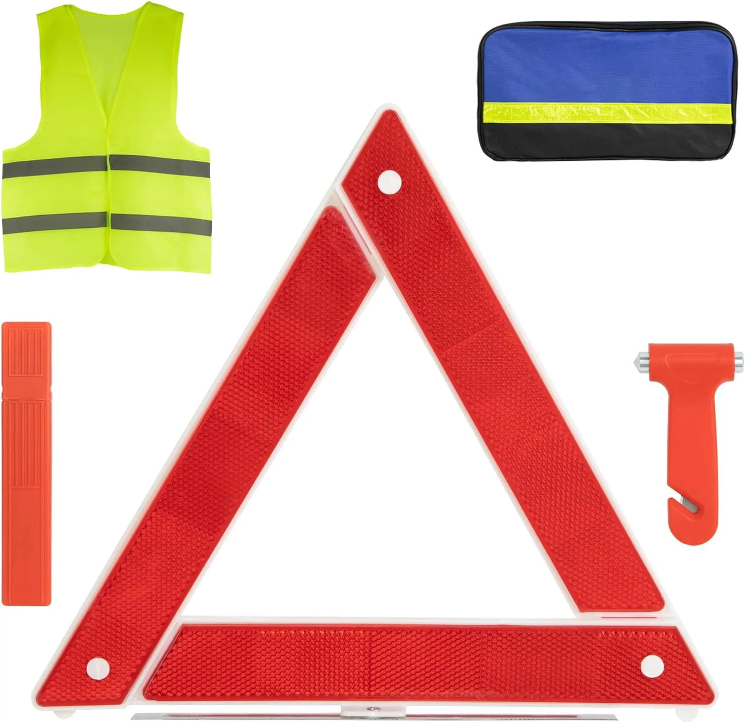 جعبه ابزار اضطراری خودرو شامل مثلث هشدار، چکش ایمنی و ۲ جلیقه هشدار – لوازم جانبی ضروری خودرو با کیف حمل برای خرابی ها و شرایط اضطراری