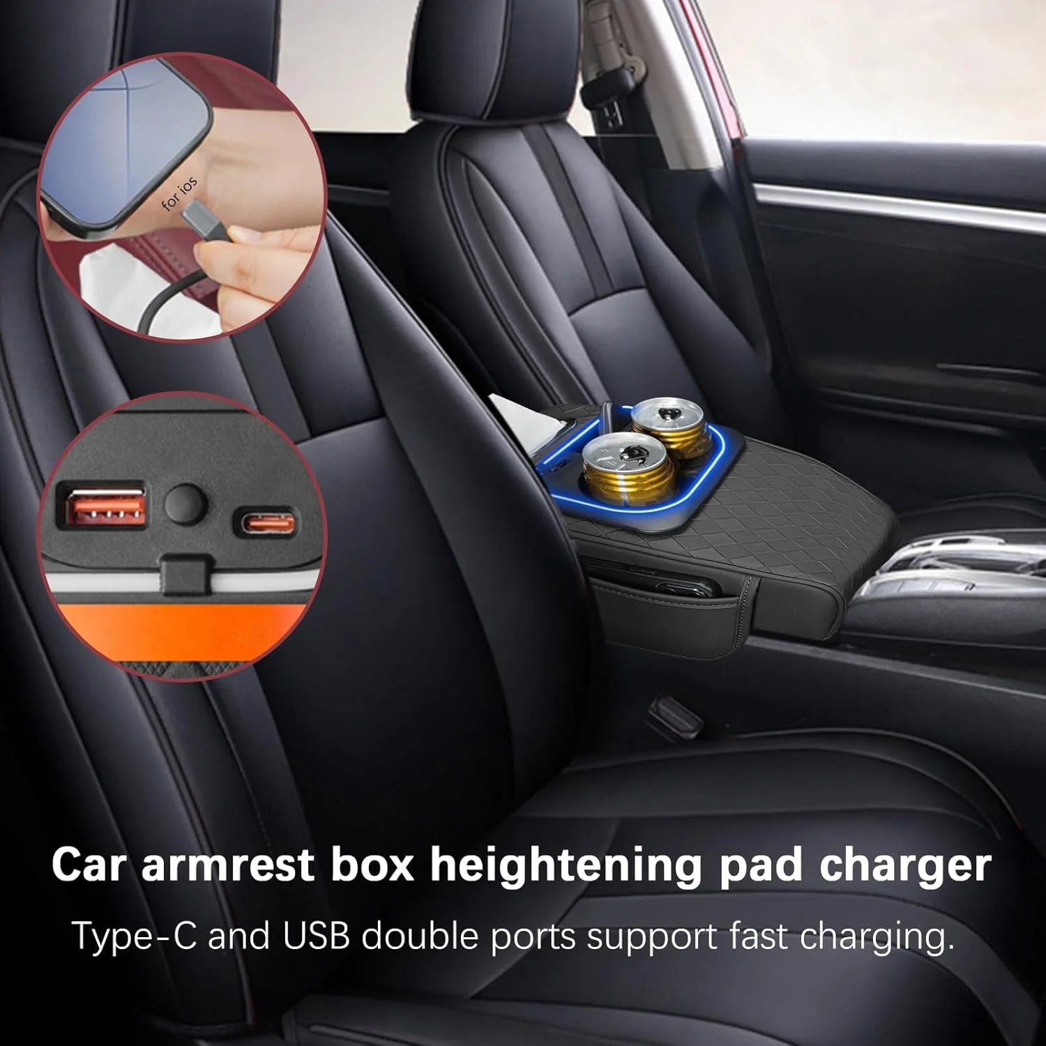 روکش کنسول وسط خودرو با جا لیوانی، بالشتک کنسول خودرو - سازمان دهنده پد استراحت دست ال ای دی اتوماتیک، جا لیوانی و دستمال کاغذی چند منظوره برای سازماندهی صندلی جلو، سفر جاده ای، لوازم جانبی سفر روزانه